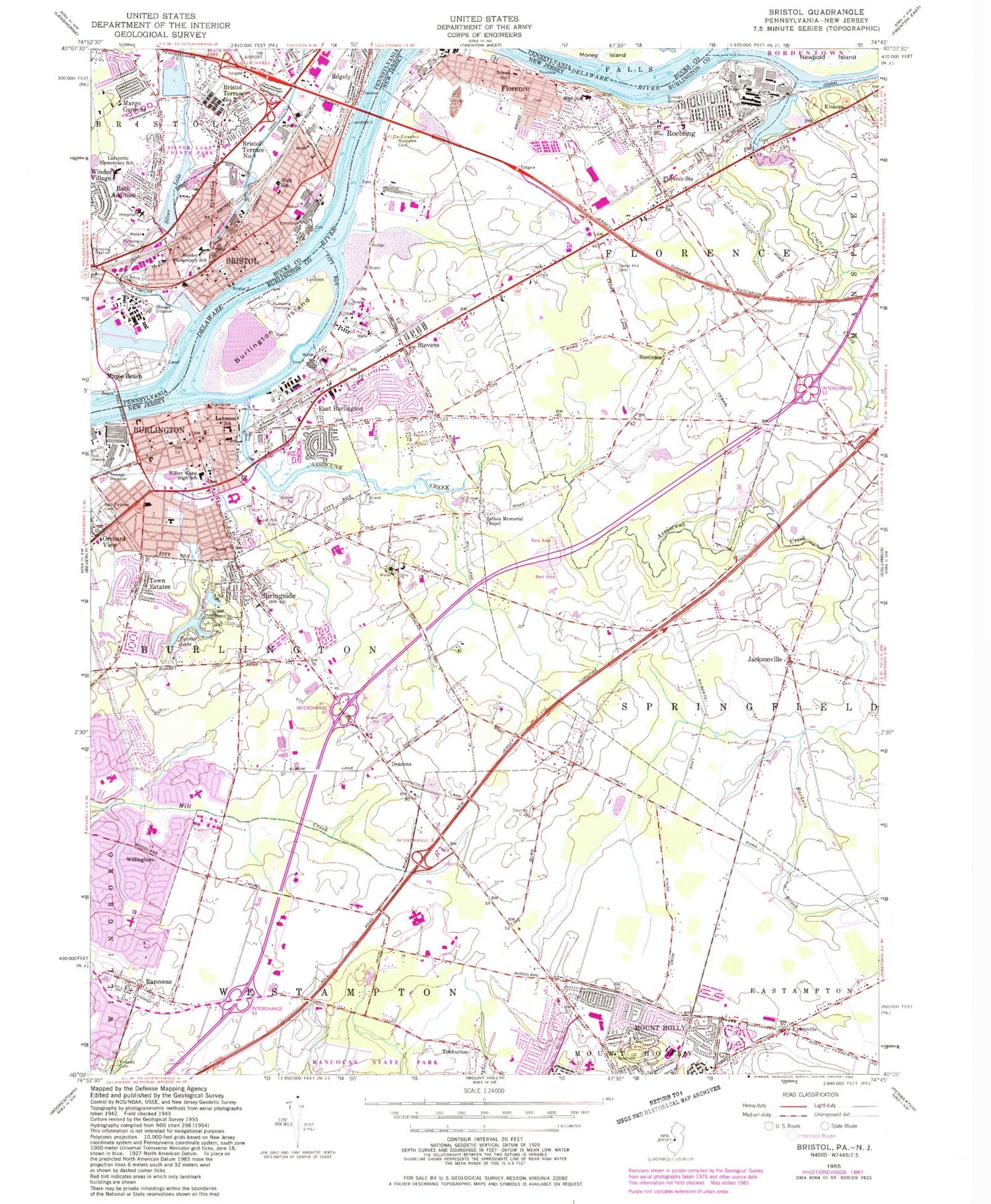 Classic USGS Bristol Pennsylvania 7.5'x7.5' Topo Map Image