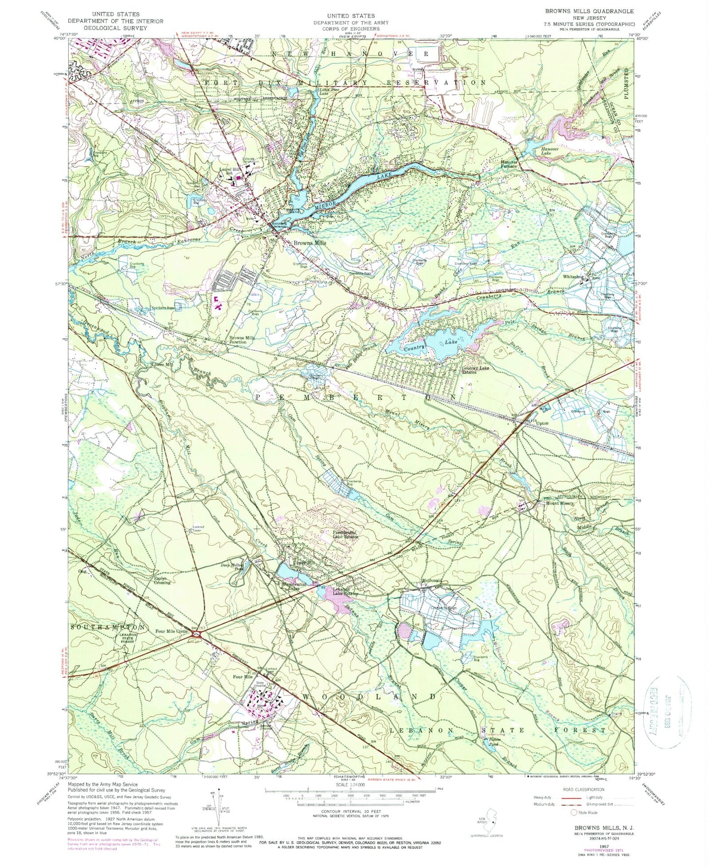 Classic USGS Browns Mills New Jersey 7.5'x7.5' Topo Map Image