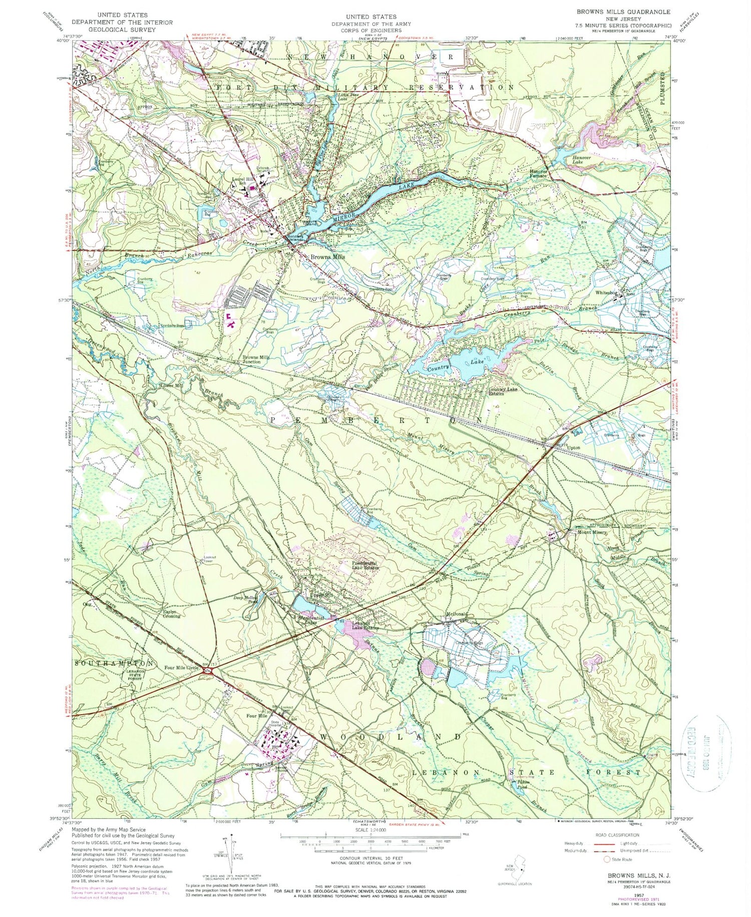 Classic USGS Browns Mills New Jersey 7.5'x7.5' Topo Map Image