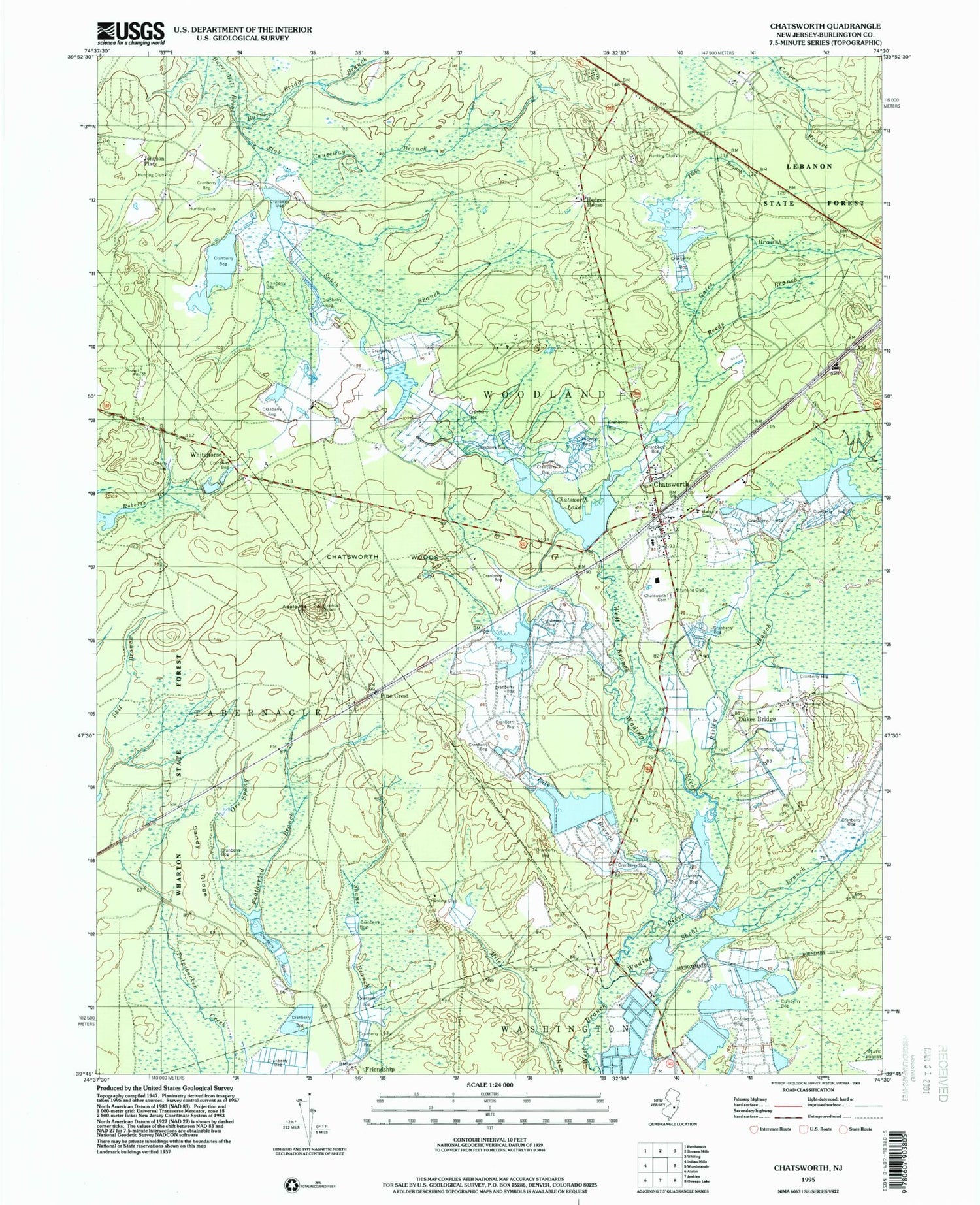 Classic USGS Chatsworth New Jersey 7.5'x7.5' Topo Map Image