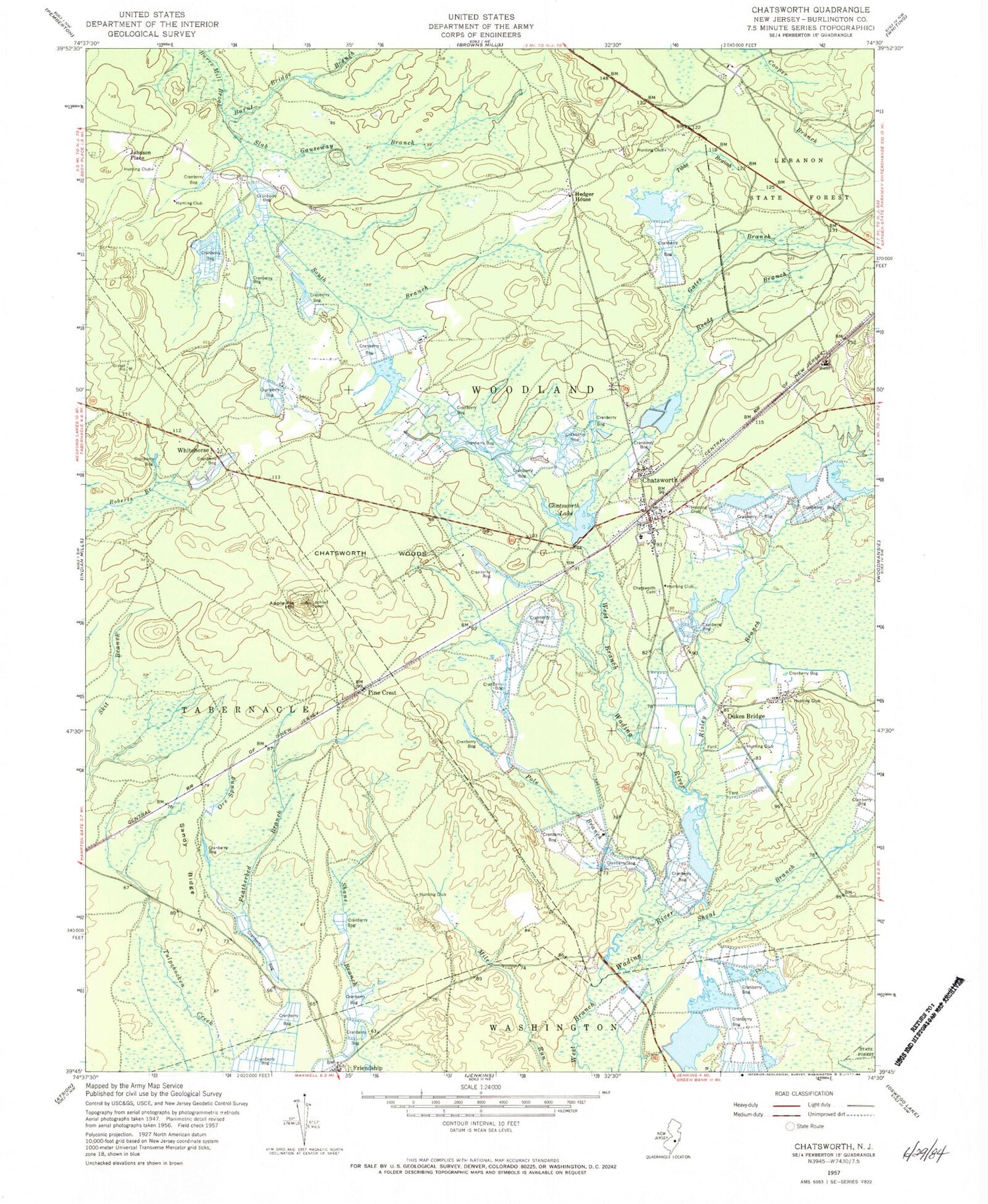 Classic USGS Chatsworth New Jersey 7.5'x7.5' Topo Map Image