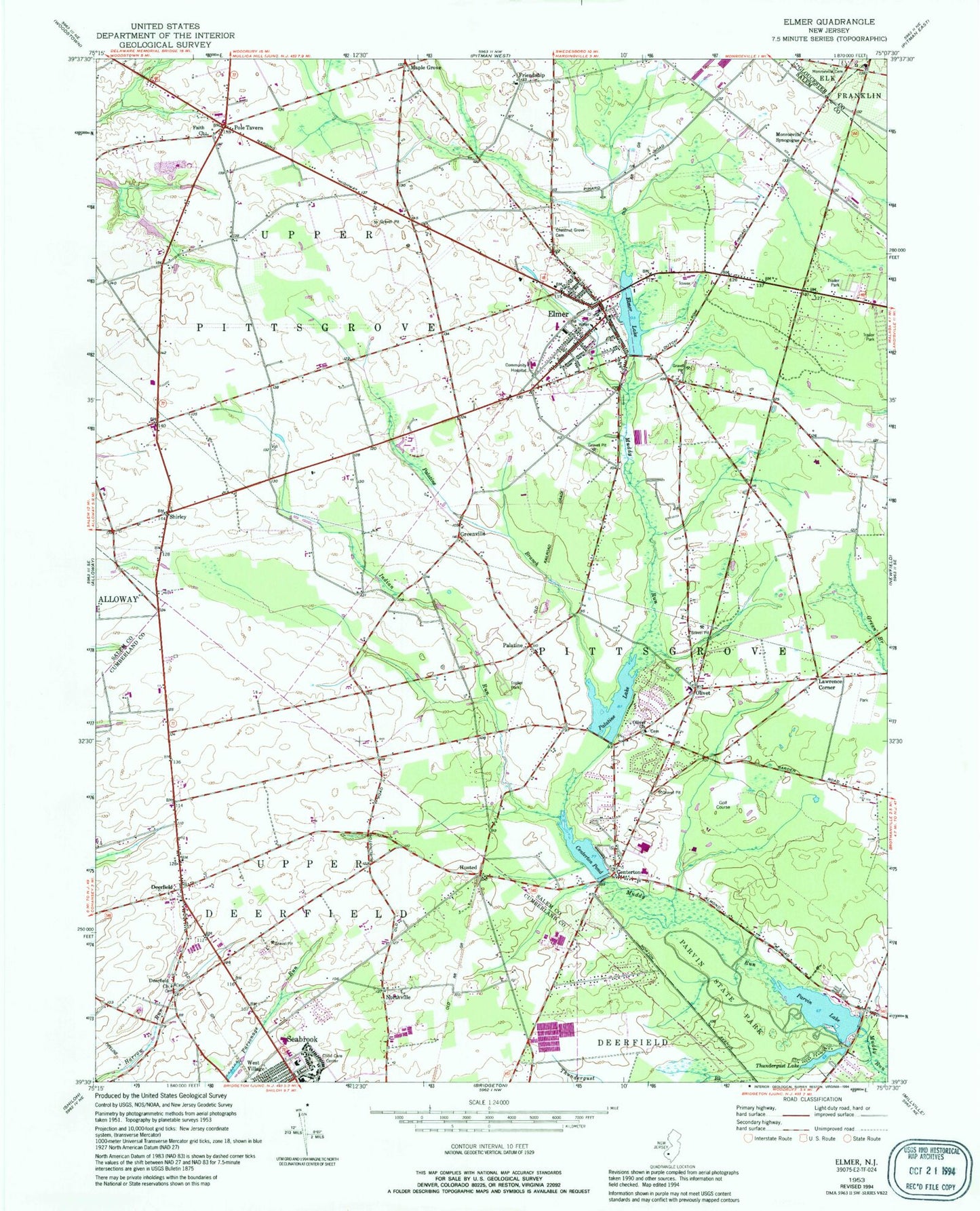 Classic USGS Elmer New Jersey 7.5'x7.5' Topo Map Image