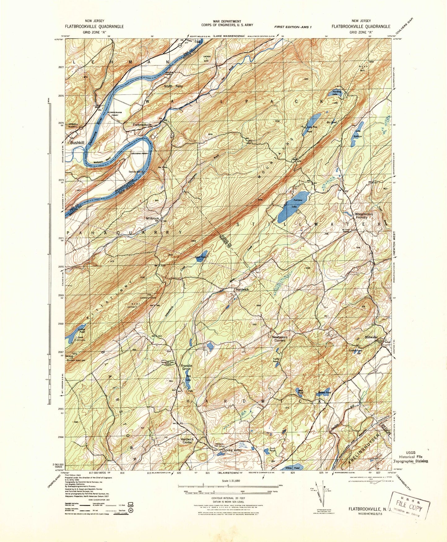 Classic USGS Flatbrookville New Jersey 7.5'x7.5' Topo Map Image