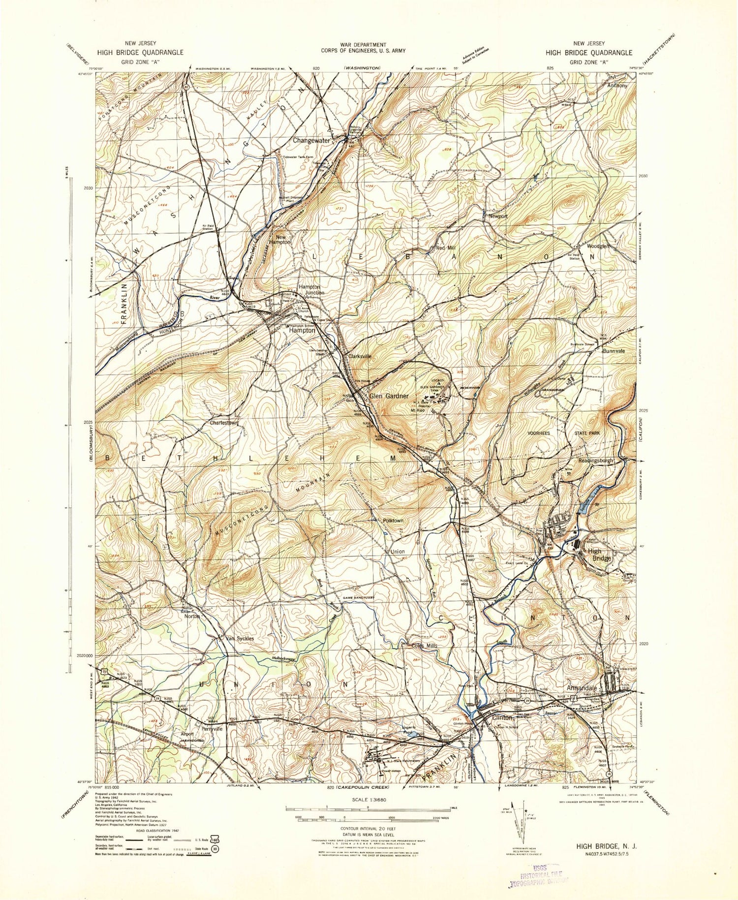 Classic USGS High Bridge New Jersey 7.5'x7.5' Topo Map Image