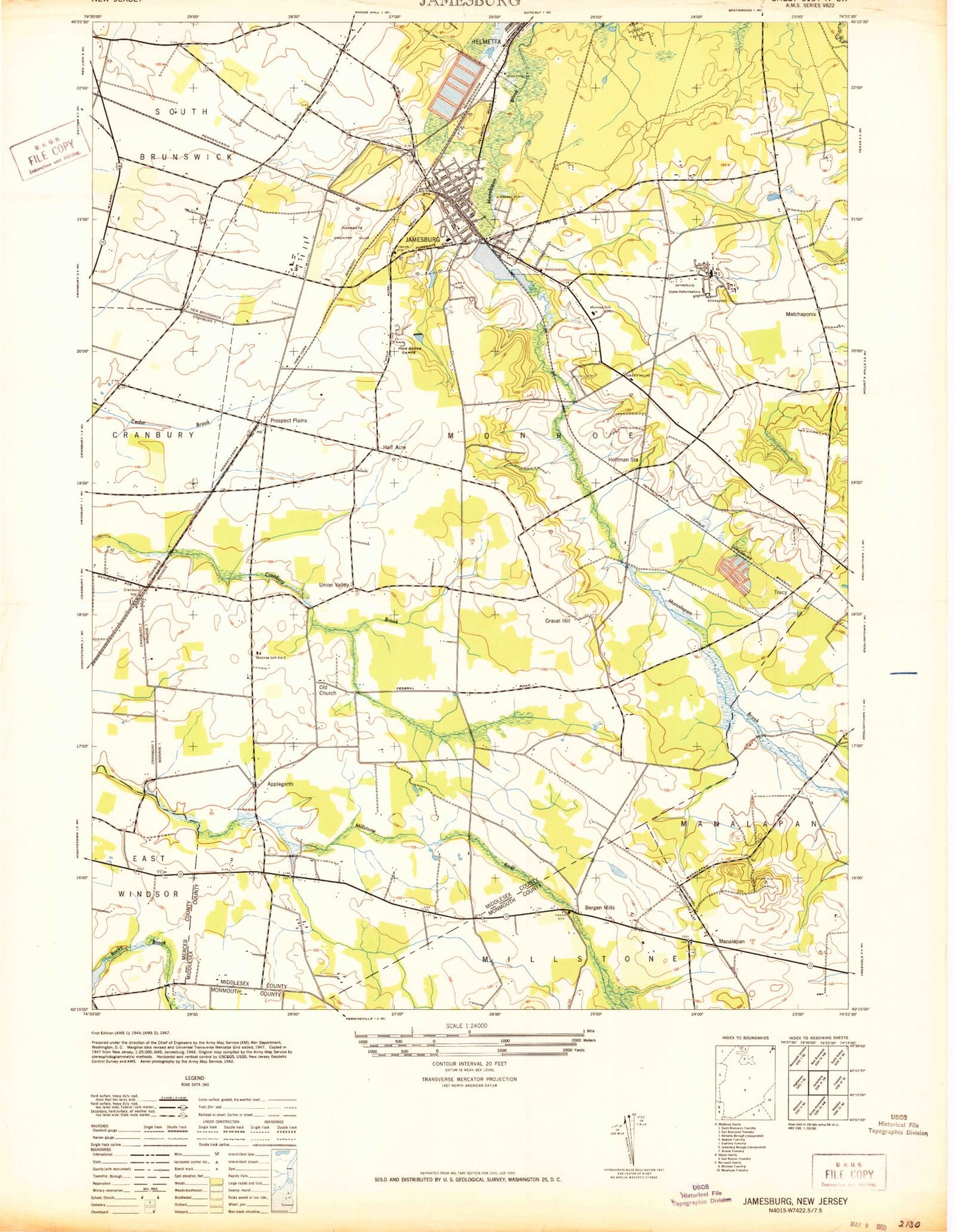 Classic USGS Jamesburg New Jersey 7.5'x7.5' Topo Map Image