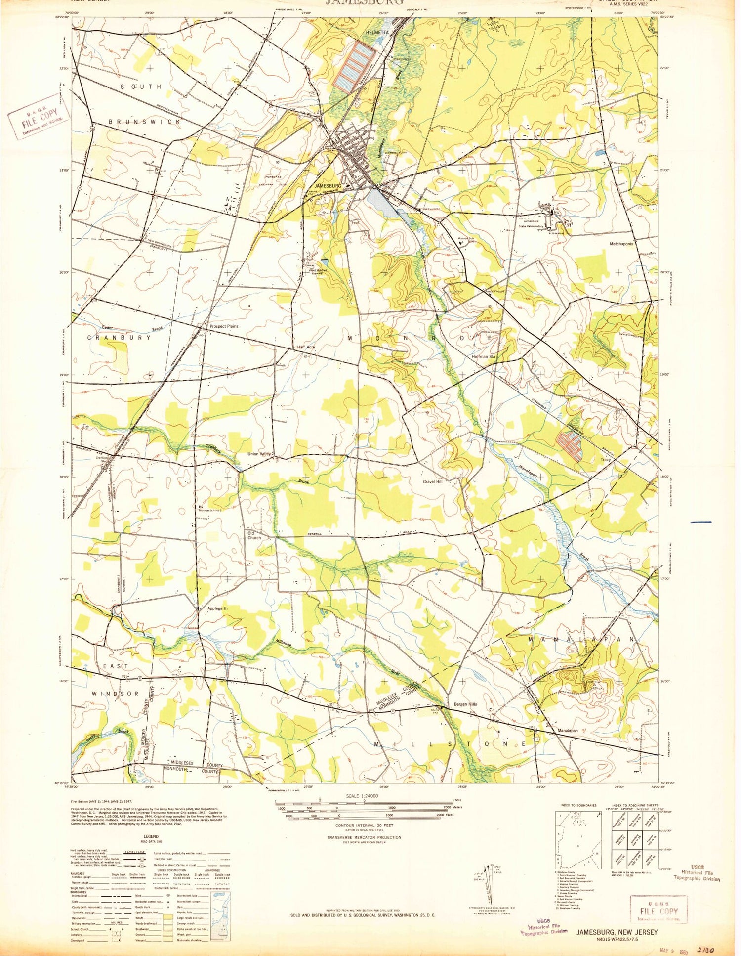 Classic USGS Jamesburg New Jersey 7.5'x7.5' Topo Map Image