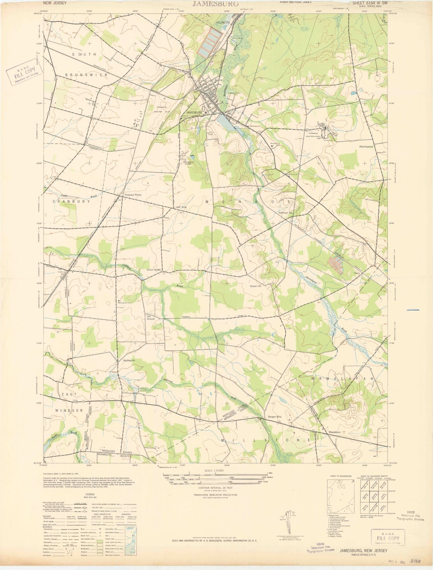Classic USGS Jamesburg New Jersey 7.5'x7.5' Topo Map Image