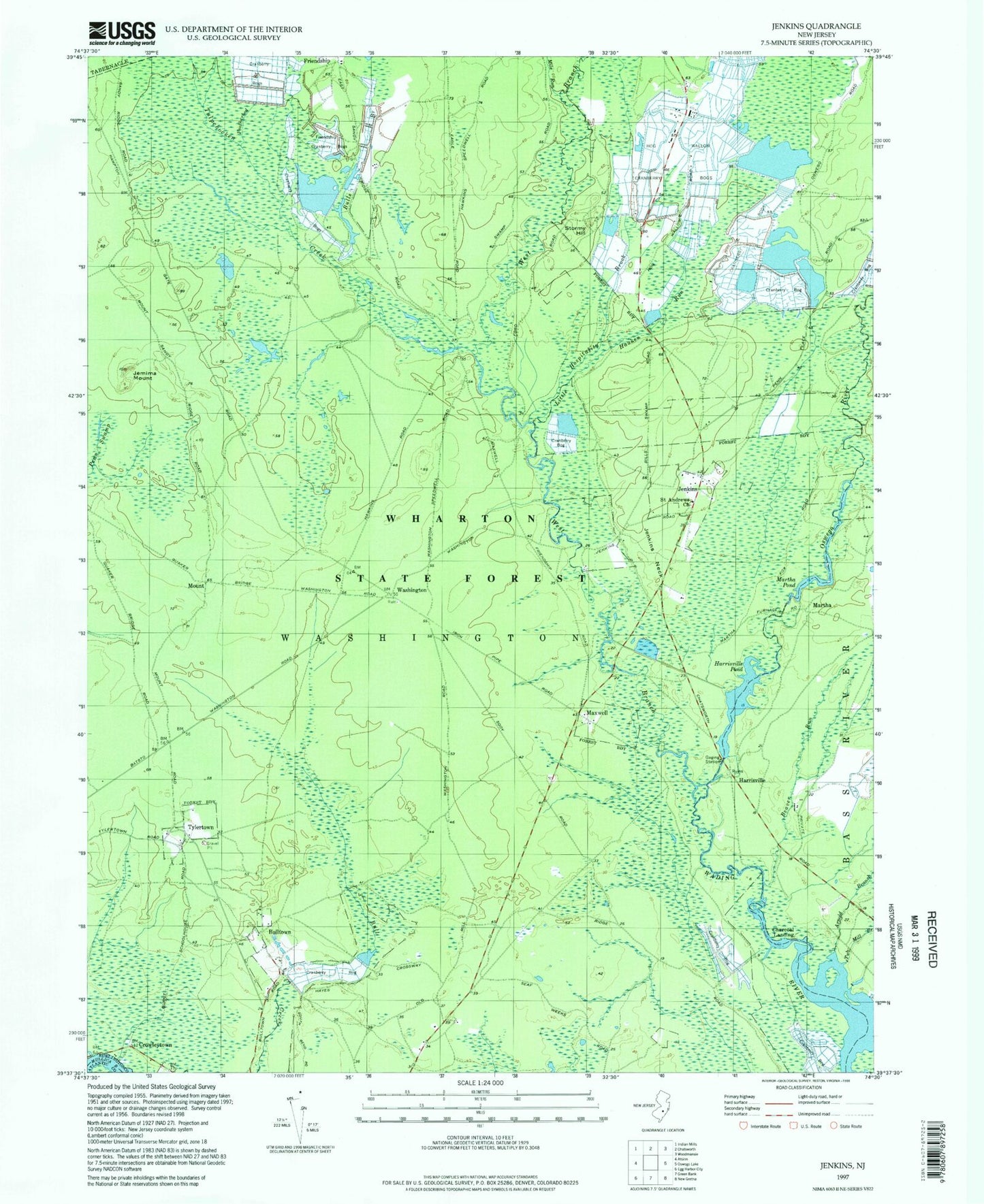 Classic USGS Jenkins New Jersey 7.5'x7.5' Topo Map Image