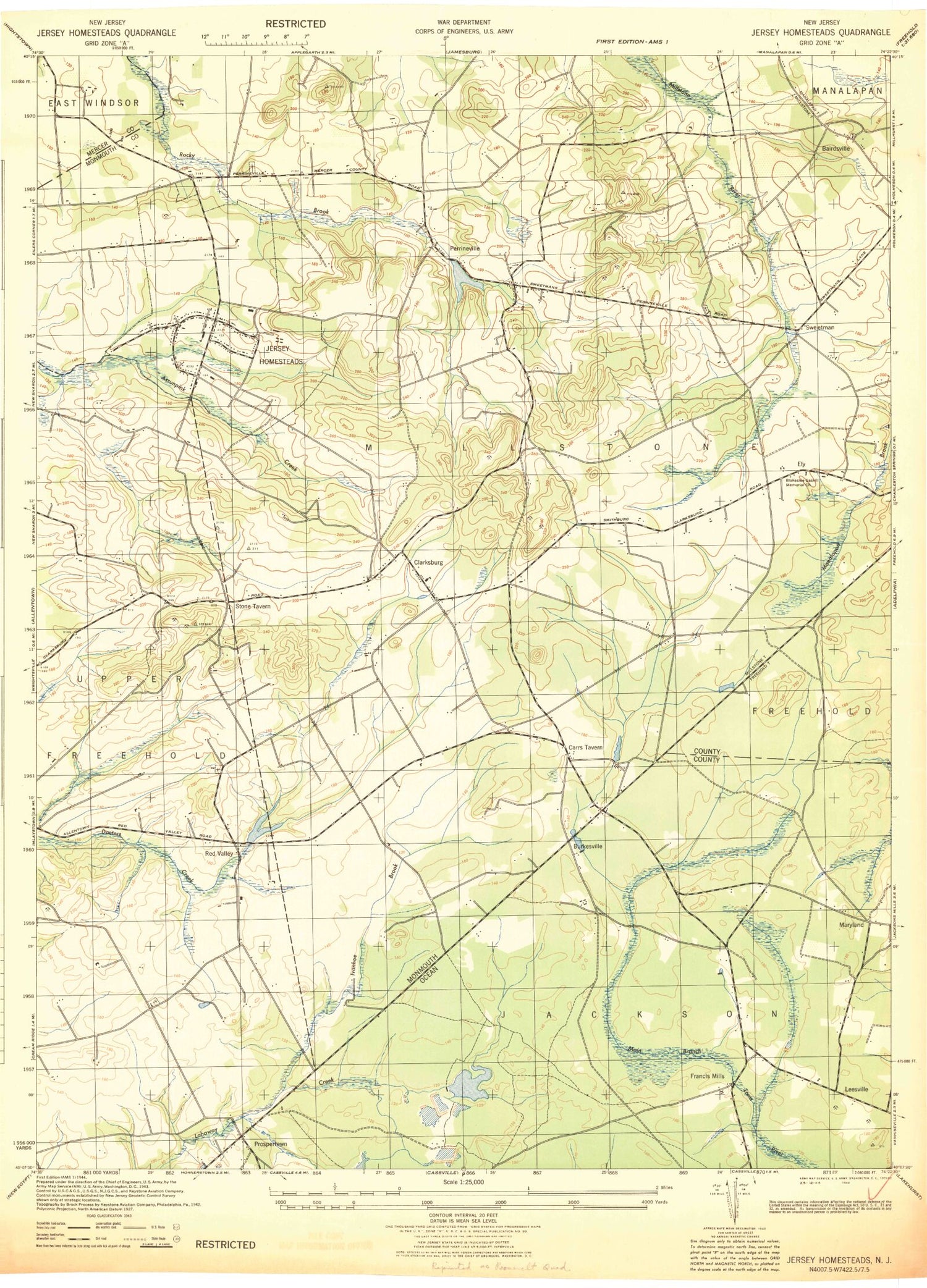Classic USGS Roosevelt New Jersey 7.5'x7.5' Topo Map Image