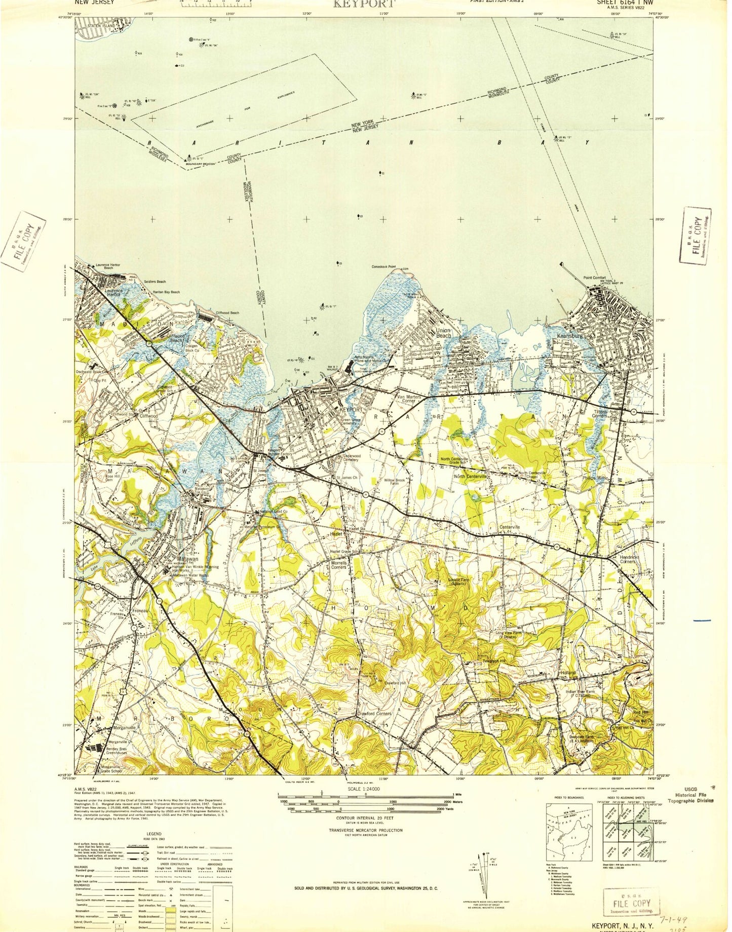 Classic USGS Keyport New Jersey 7.5'x7.5' Topo Map Image
