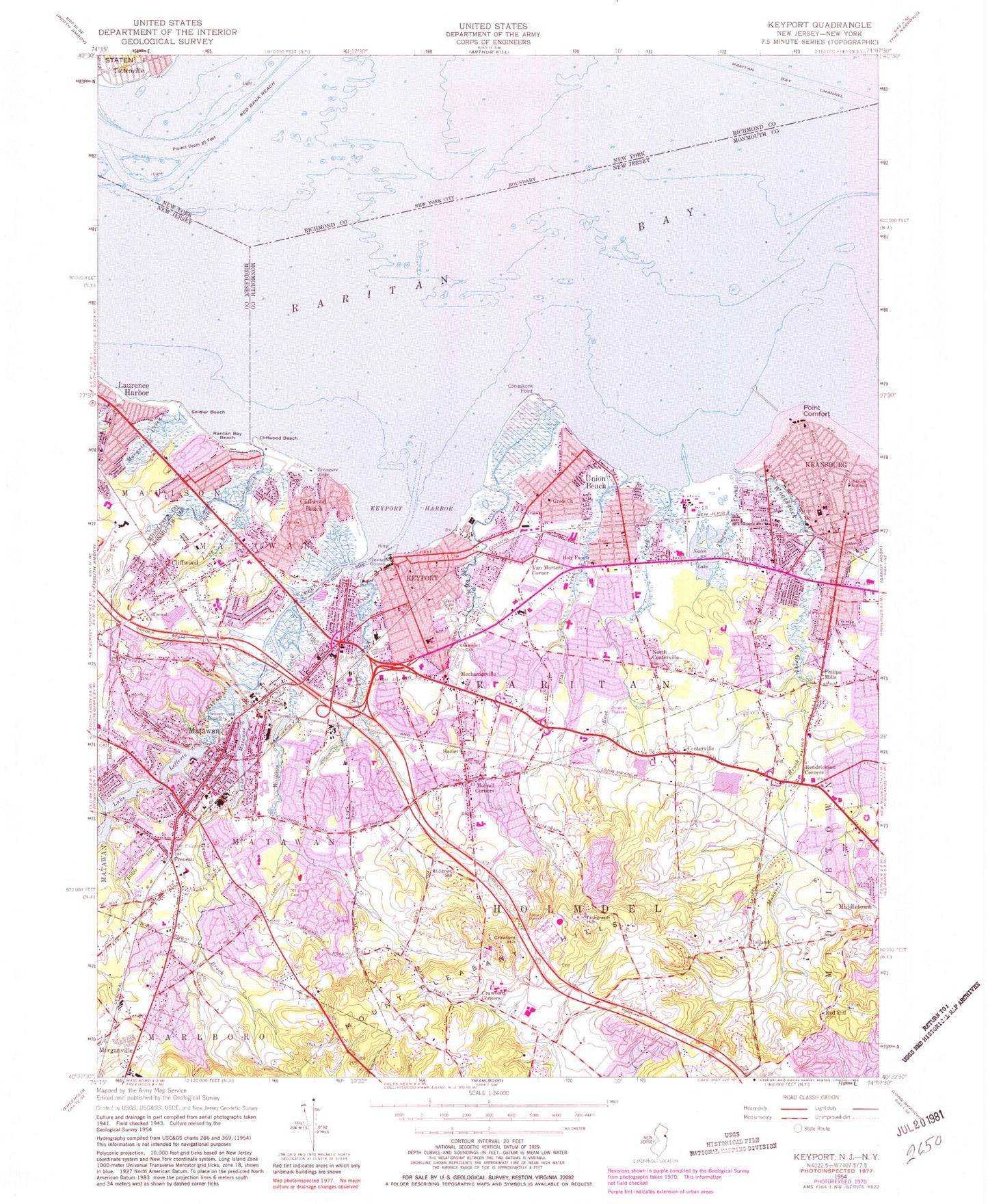 Classic USGS Keyport New Jersey 7.5'x7.5' Topo Map Image