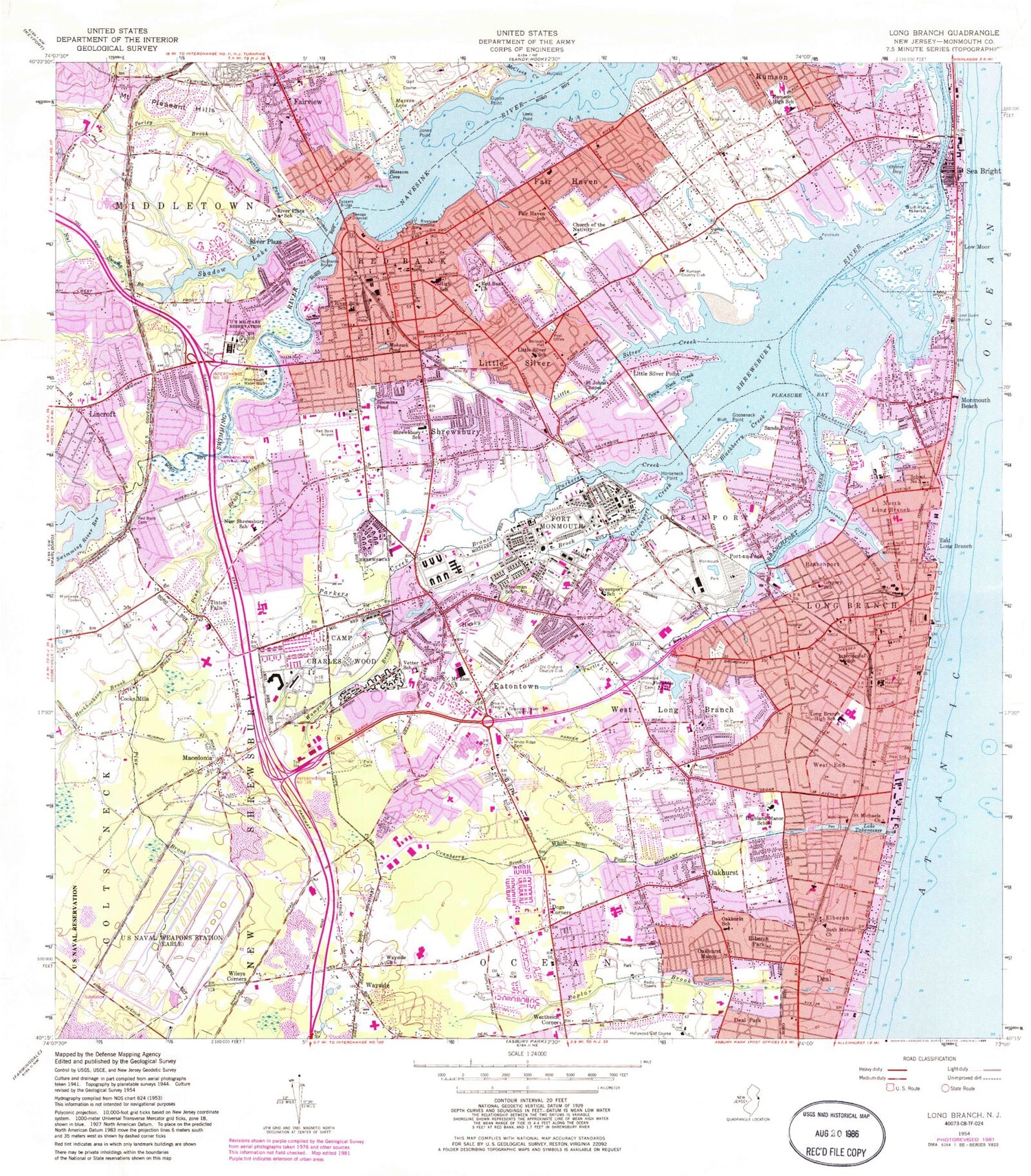 Classic USGS Long Branch New Jersey 7.5'x7.5' Topo Map Image