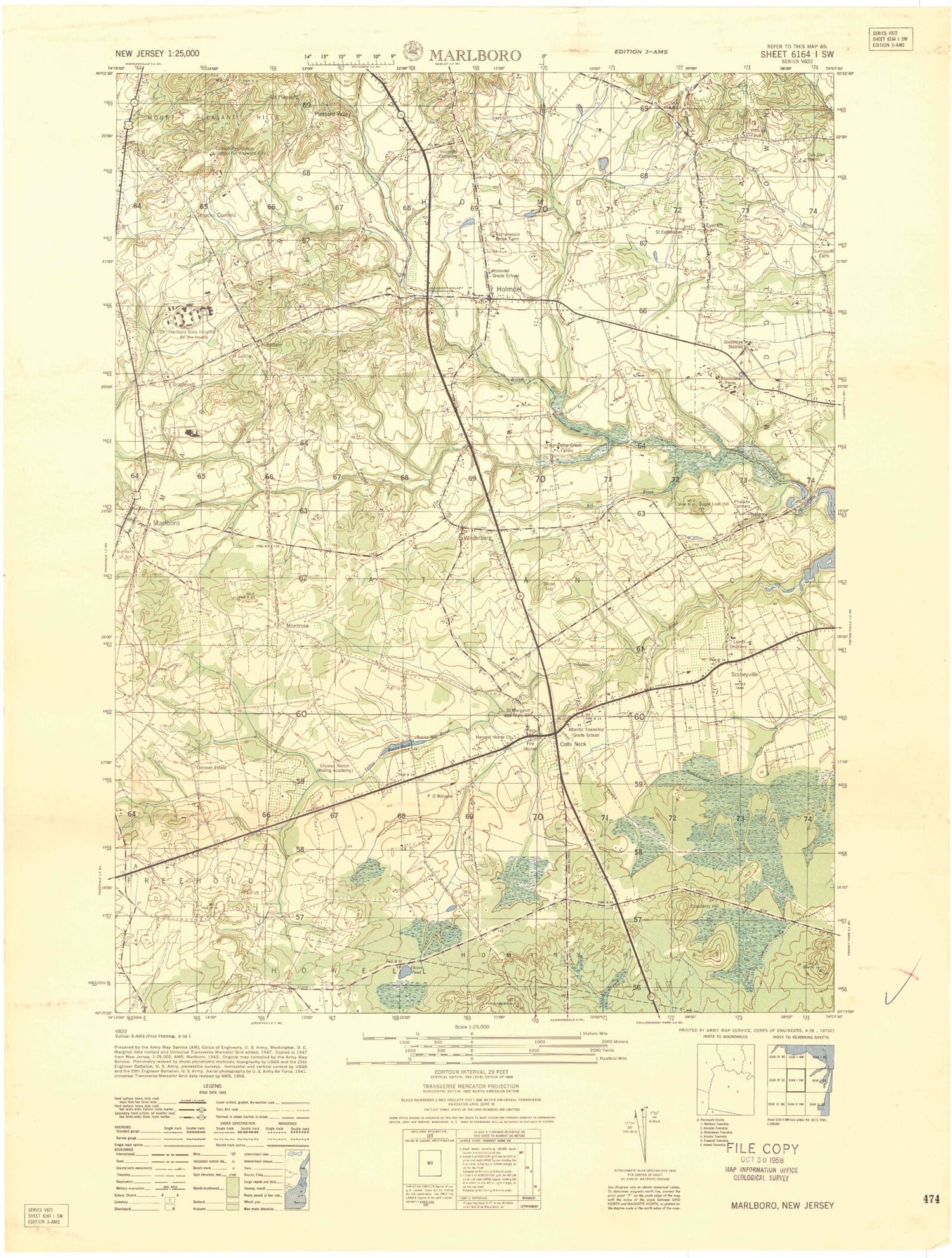 Classic USGS Marlboro New Jersey 7.5'x7.5' Topo Map Image