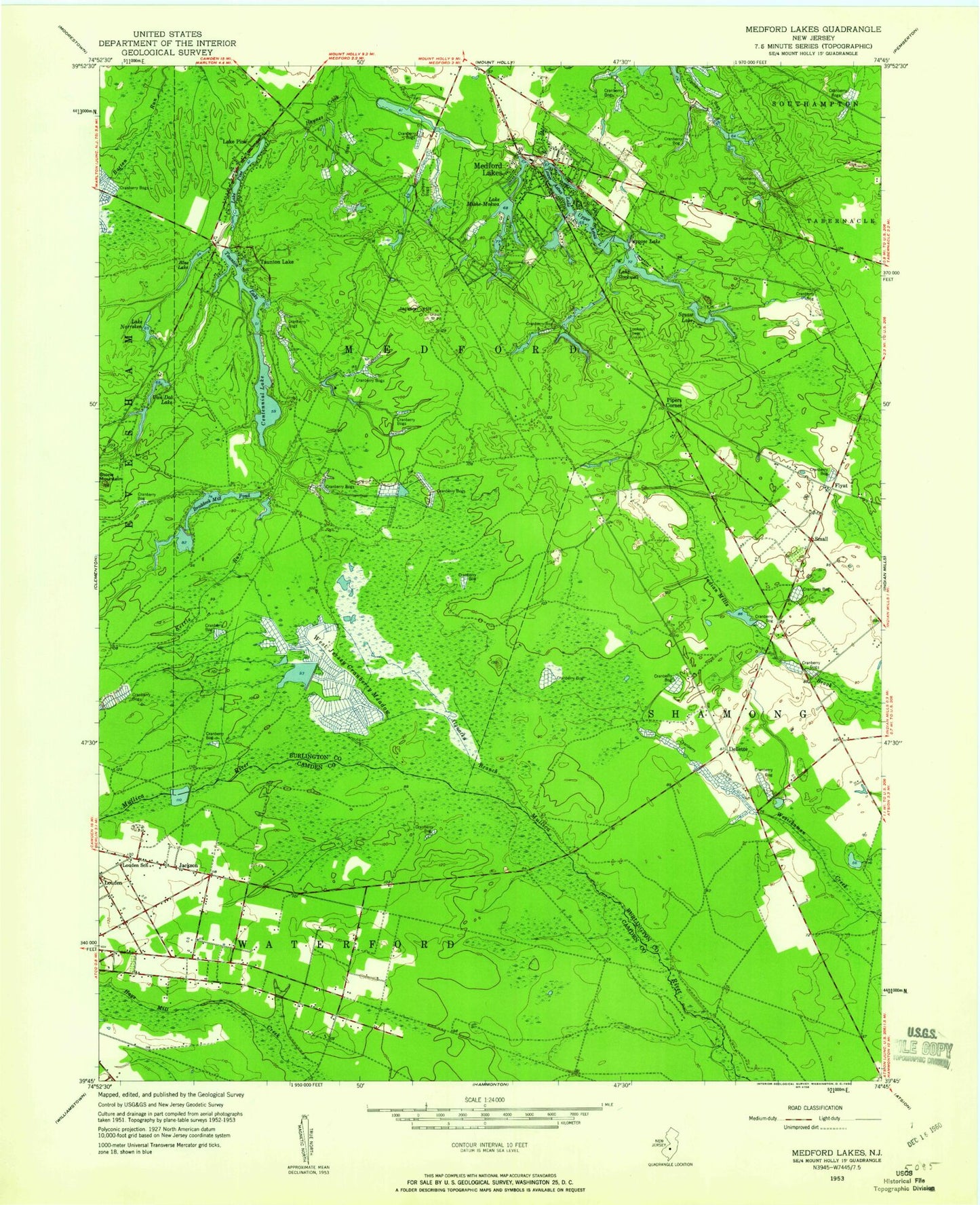 Classic USGS Medford Lakes New Jersey 7.5'x7.5' Topo Map Image