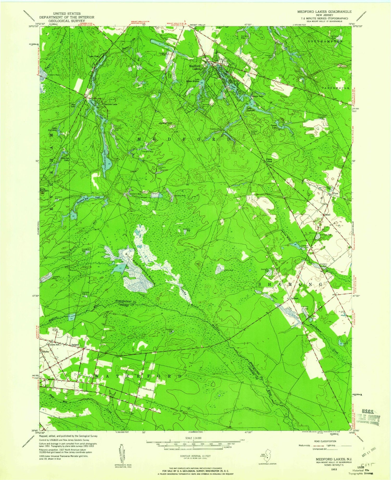 Classic USGS Medford Lakes New Jersey 7.5'x7.5' Topo Map Image