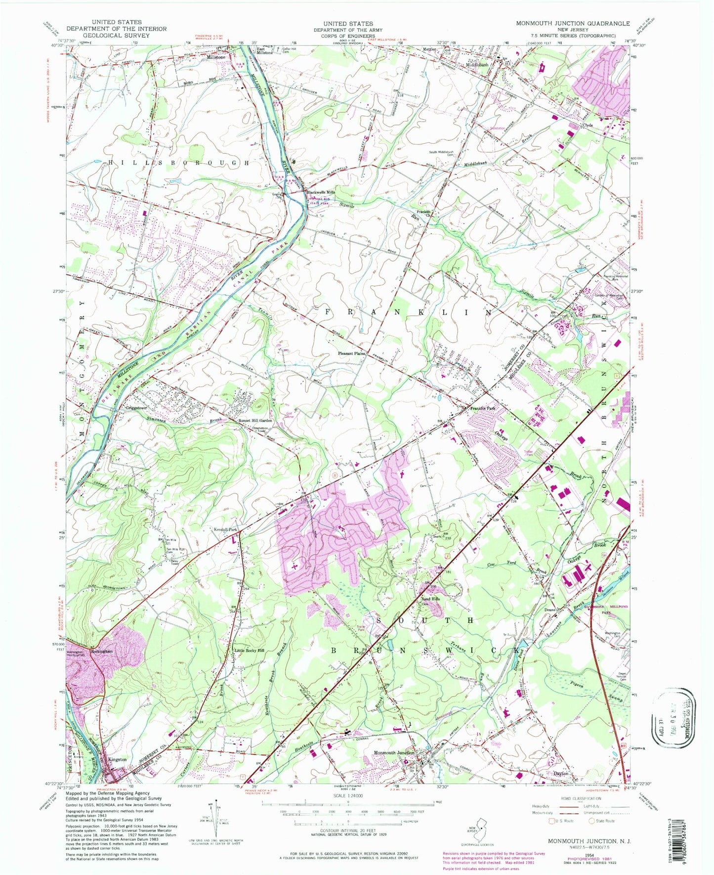 Classic USGS Monmouth Junction New Jersey 7.5'x7.5' Topo Map Image