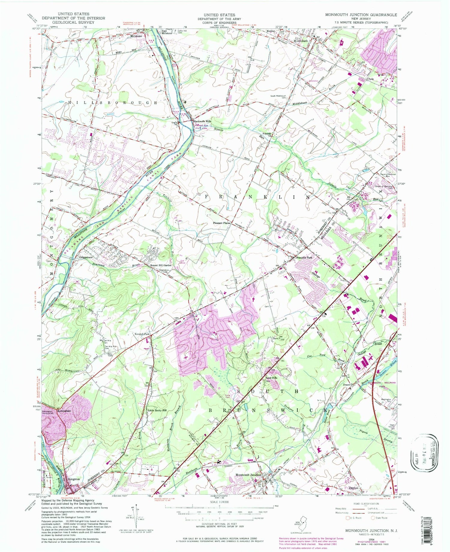 Classic USGS Monmouth Junction New Jersey 7.5'x7.5' Topo Map Image