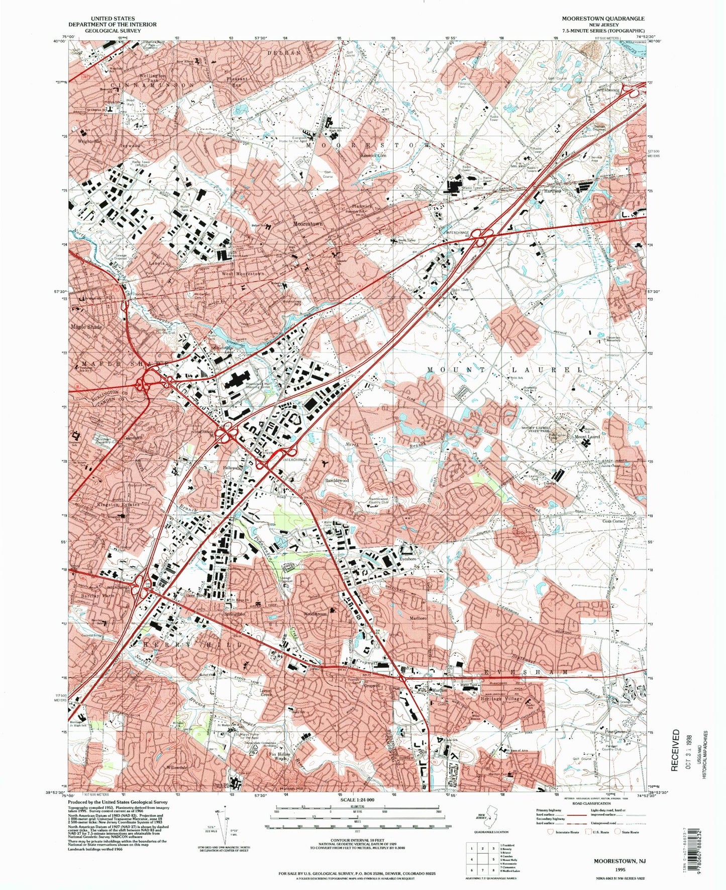 Classic USGS Moorestown New Jersey 7.5'x7.5' Topo Map Image