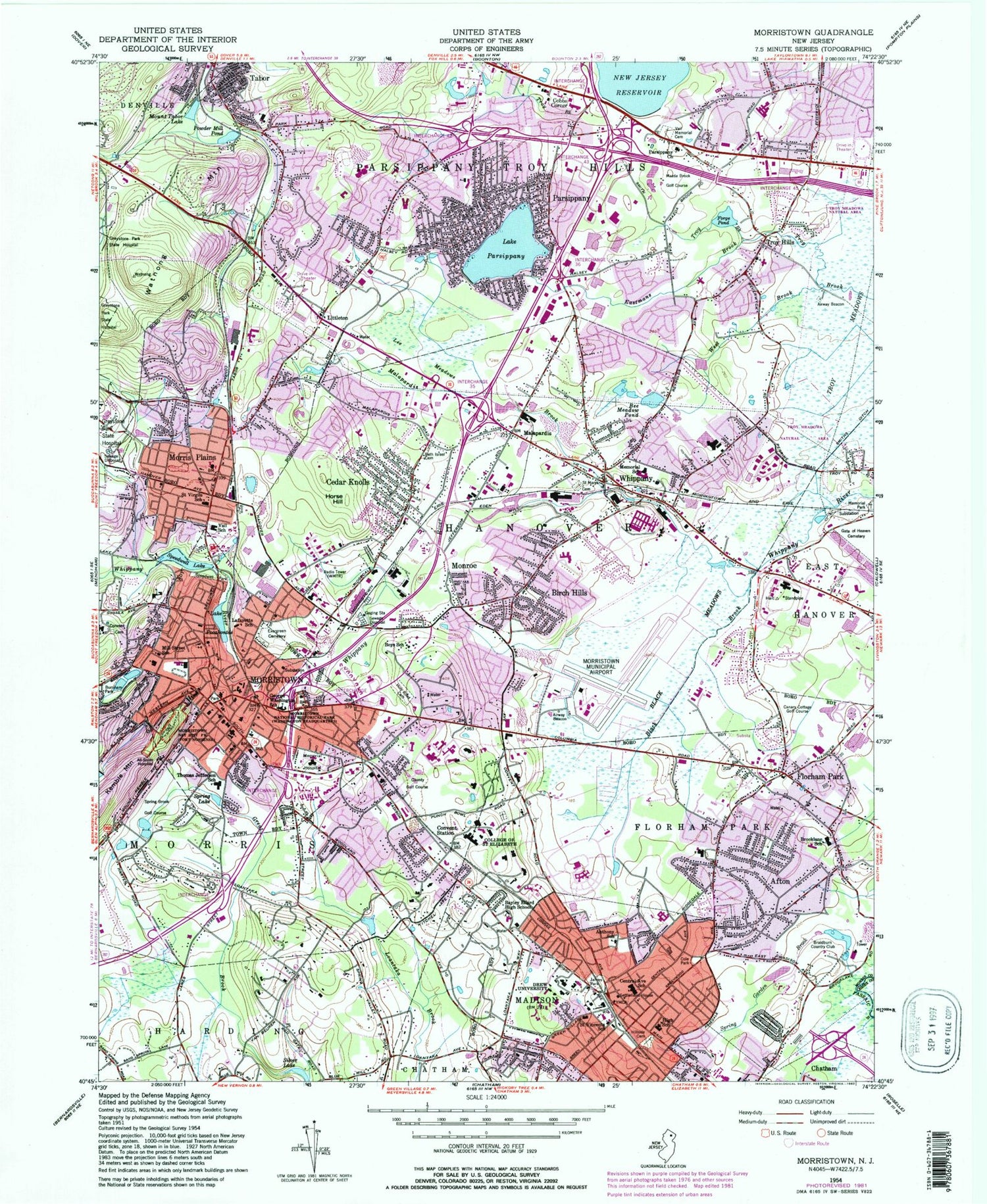 Classic USGS Morristown New Jersey 7.5'x7.5' Topo Map Image