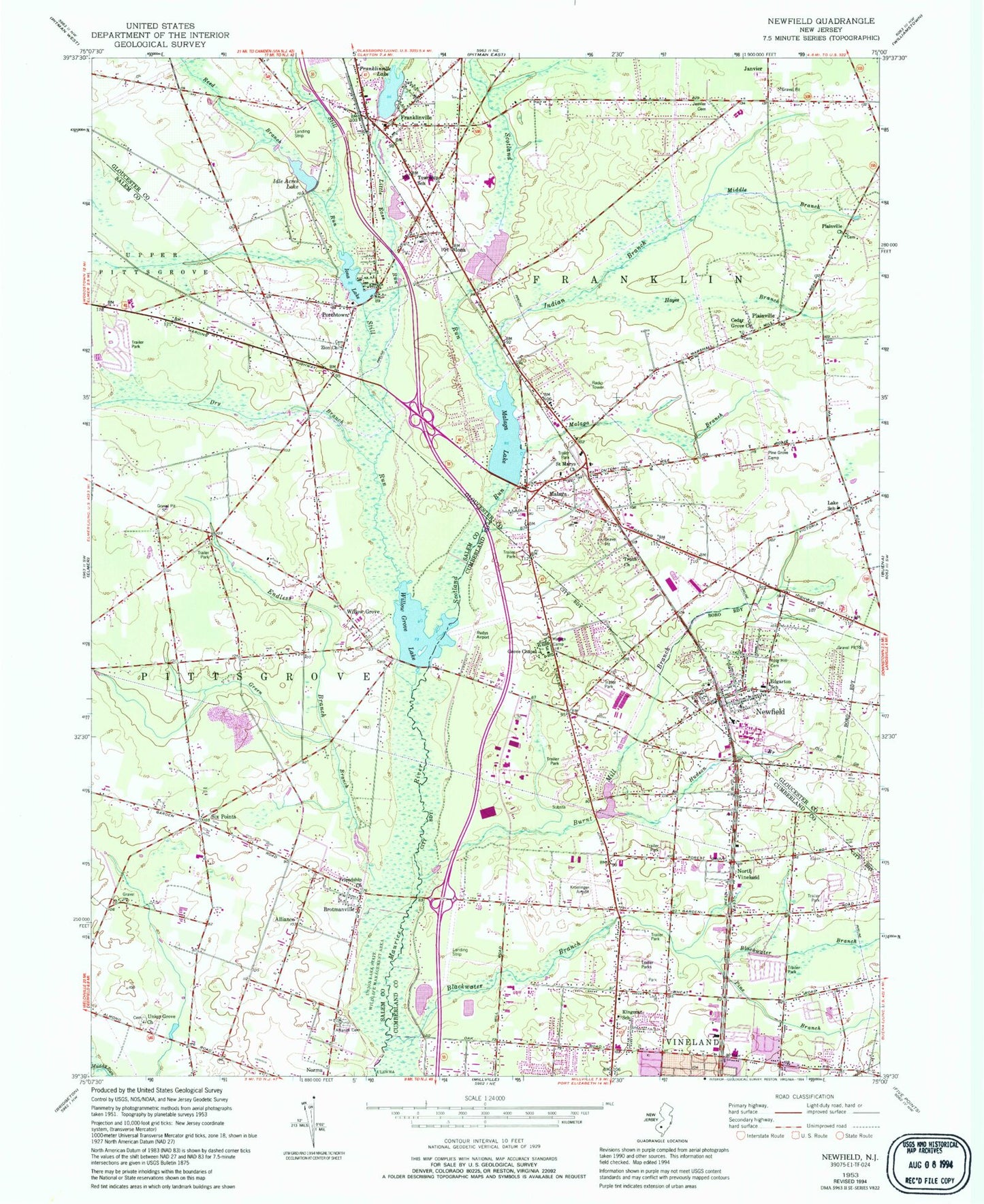 Classic USGS Newfield New Jersey 7.5'x7.5' Topo Map Image