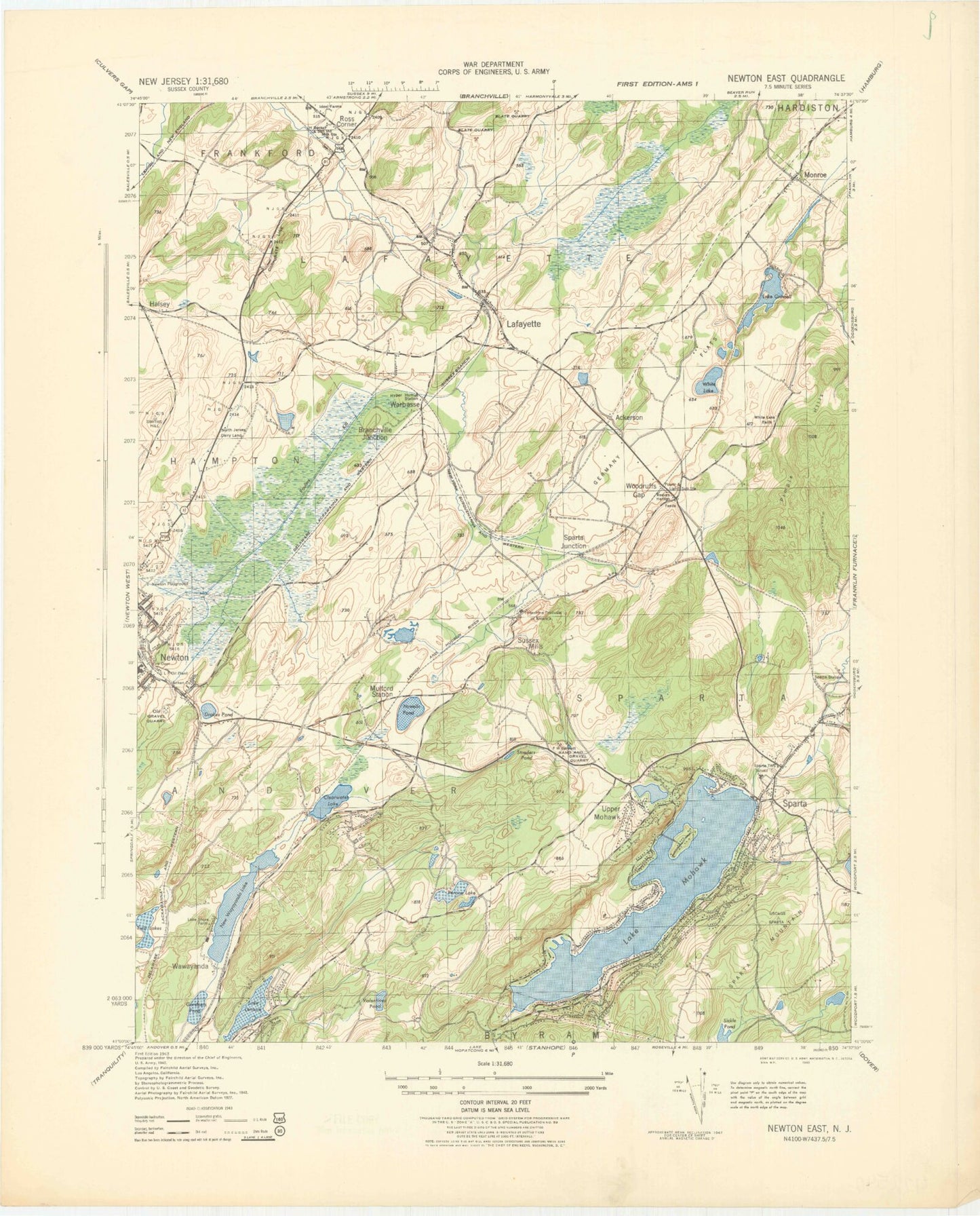 Classic USGS Newton East New Jersey 7.5'x7.5' Topo Map Image