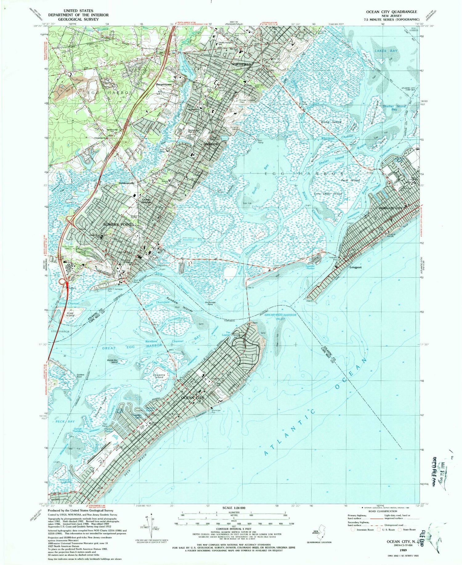 Classic USGS Ocean City New Jersey 7.5'x7.5' Topo Map Image