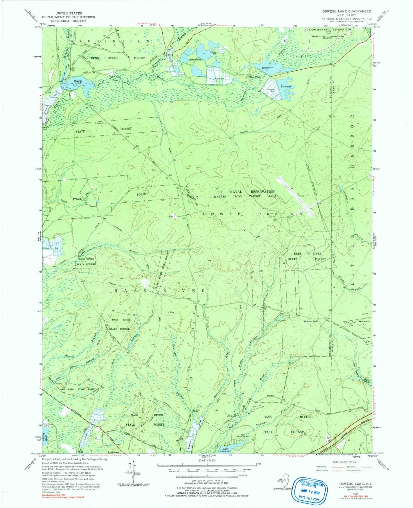Classic USGS Oswego Lake New Jersey 7.5'x7.5' Topo Map Image