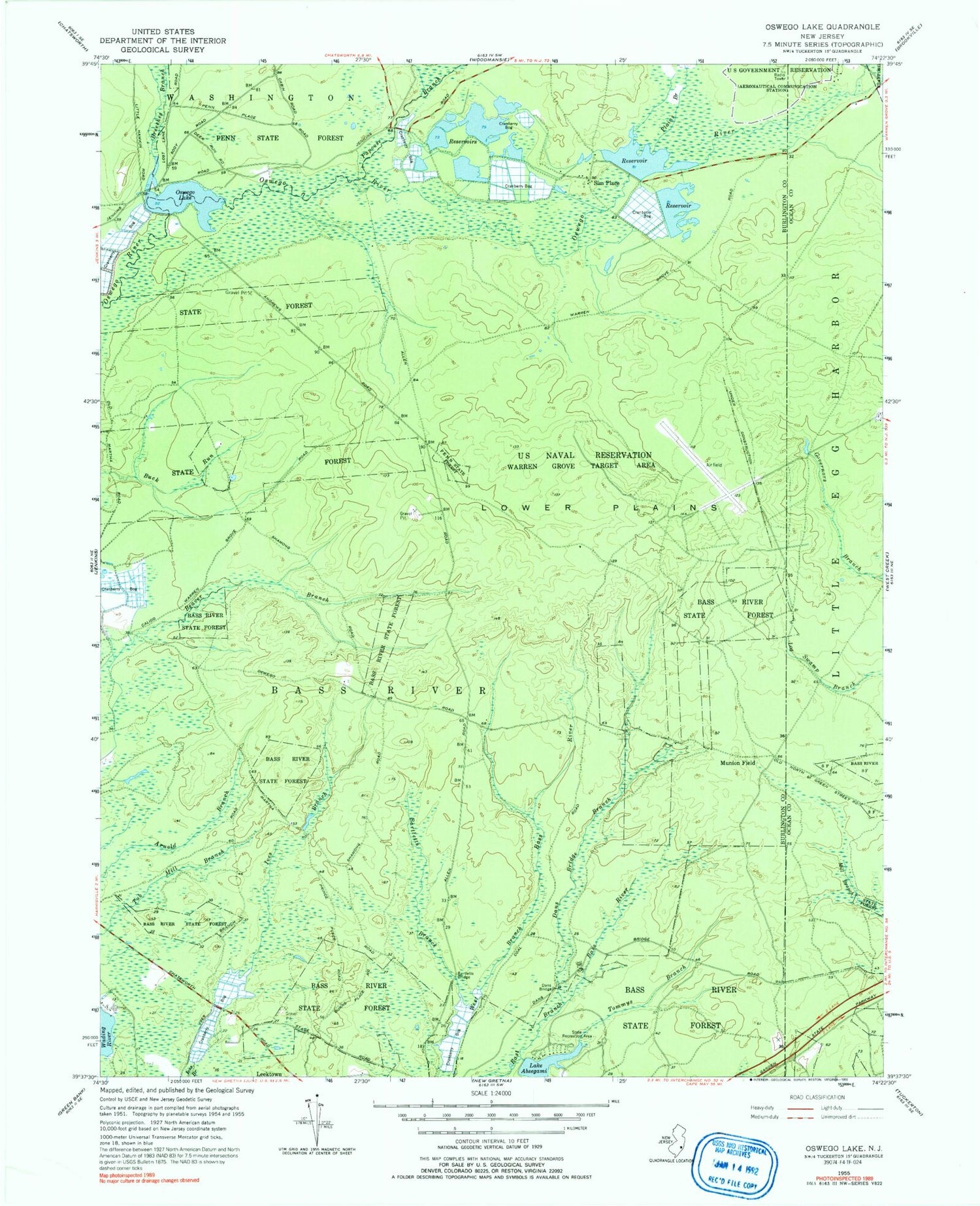 Classic USGS Oswego Lake New Jersey 7.5'x7.5' Topo Map Image