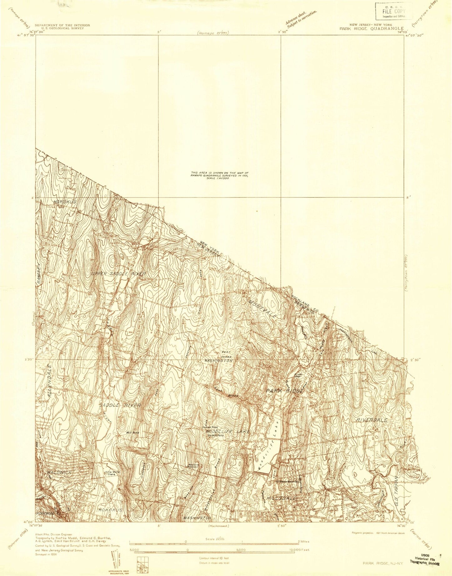 Classic USGS Park Ridge New Jersey 7.5'x7.5' Topo Map Image