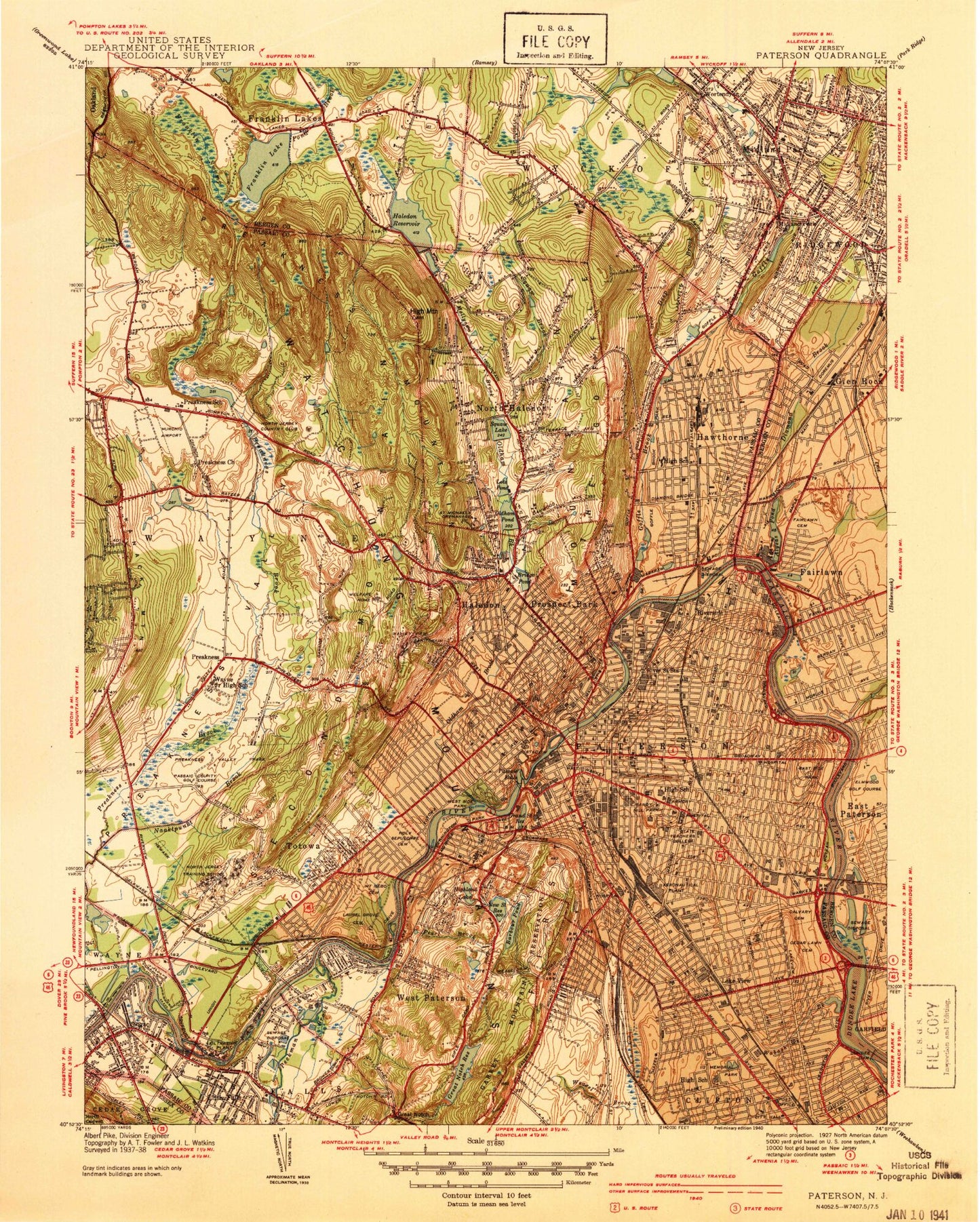 Classic USGS Paterson New Jersey 7.5'x7.5' Topo Map Image