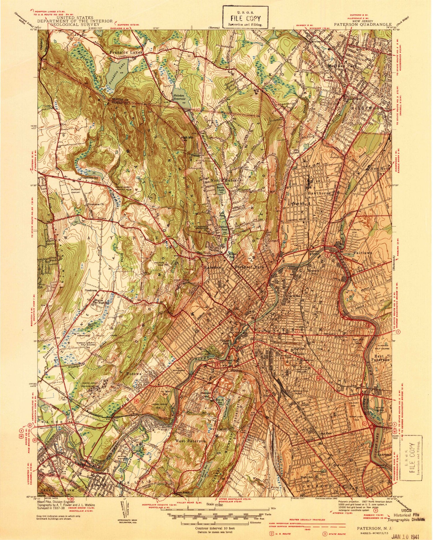 Classic USGS Paterson New Jersey 7.5'x7.5' Topo Map Image