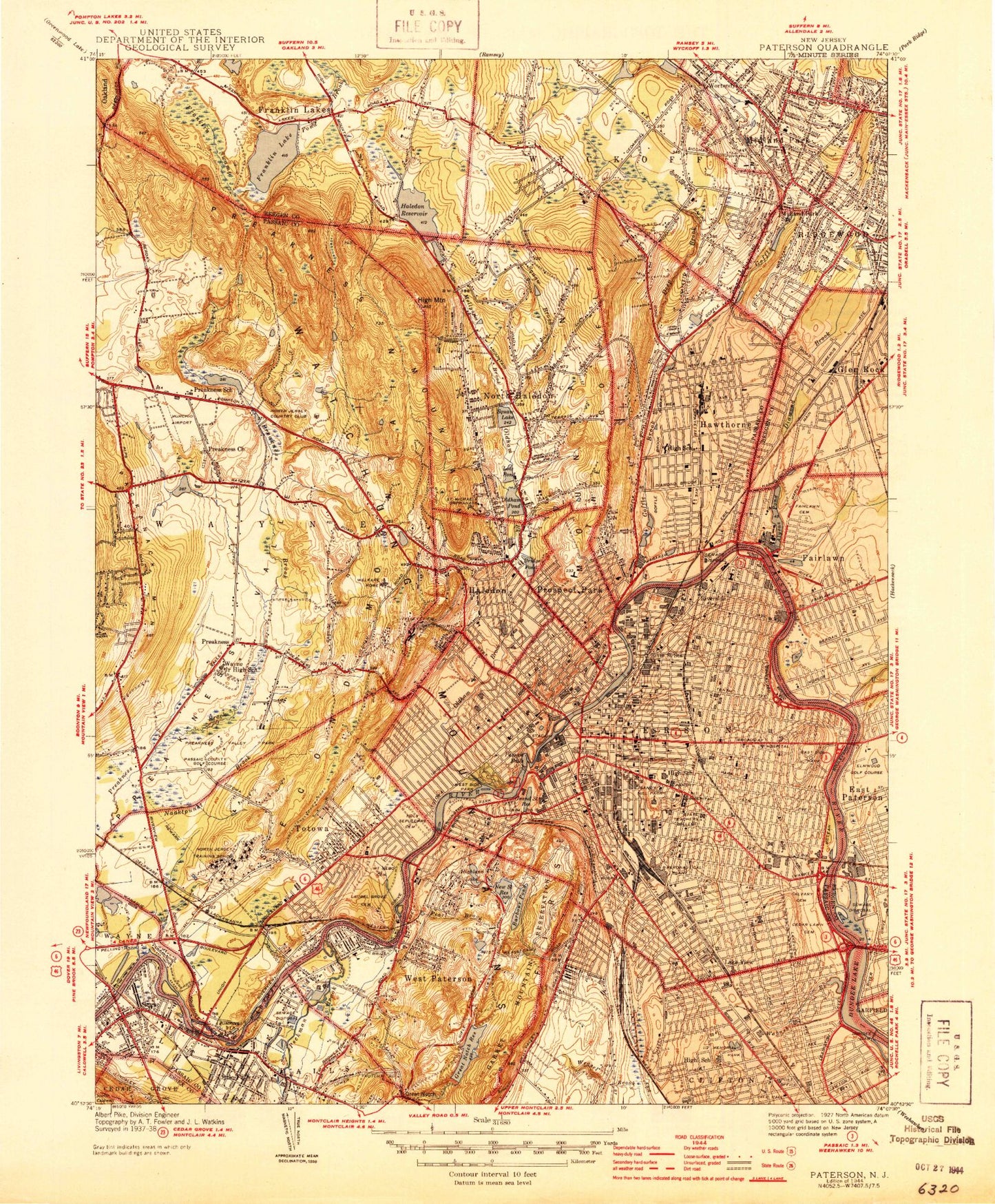 Classic USGS Paterson New Jersey 7.5'x7.5' Topo Map Image