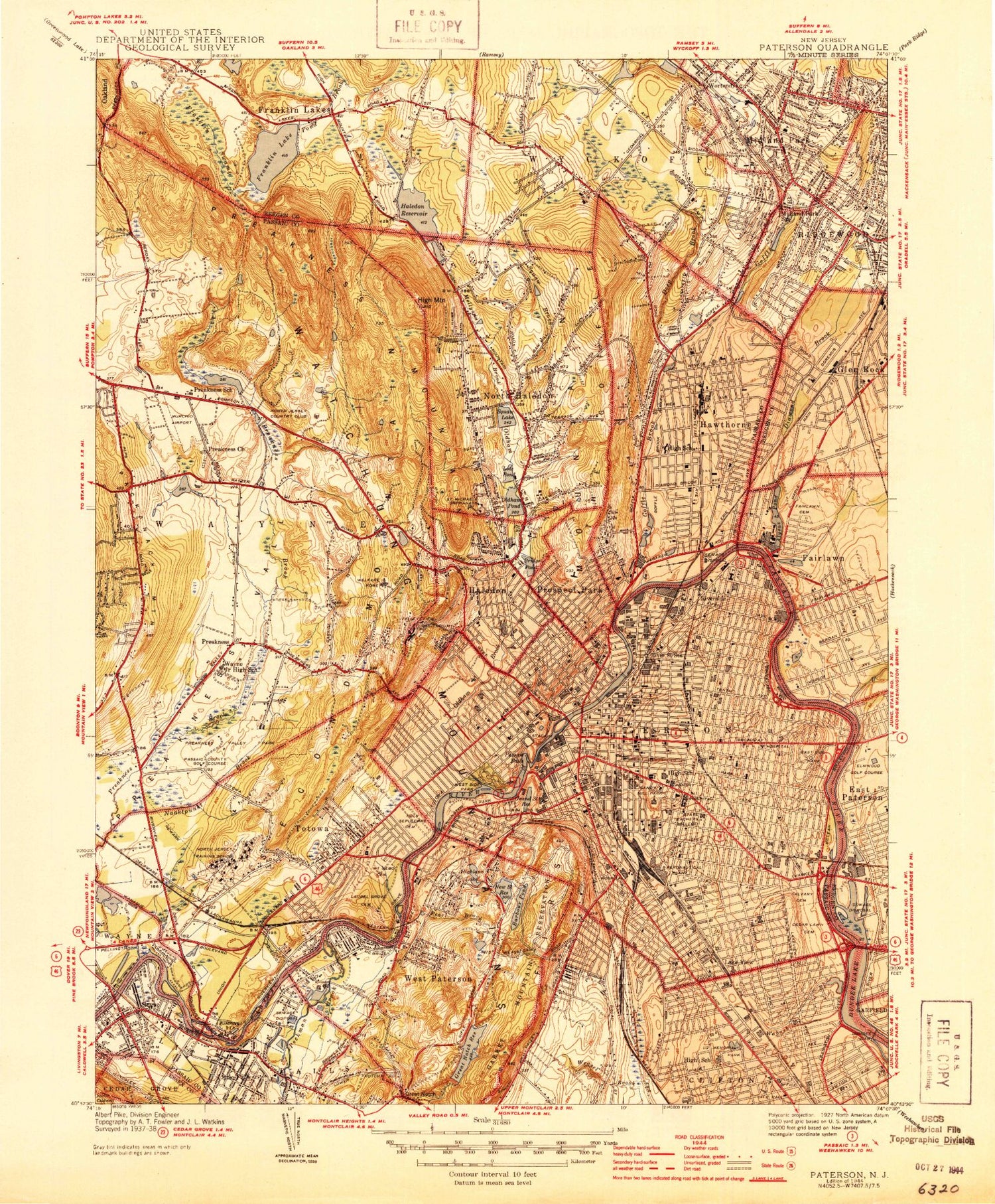 Classic USGS Paterson New Jersey 7.5'x7.5' Topo Map Image