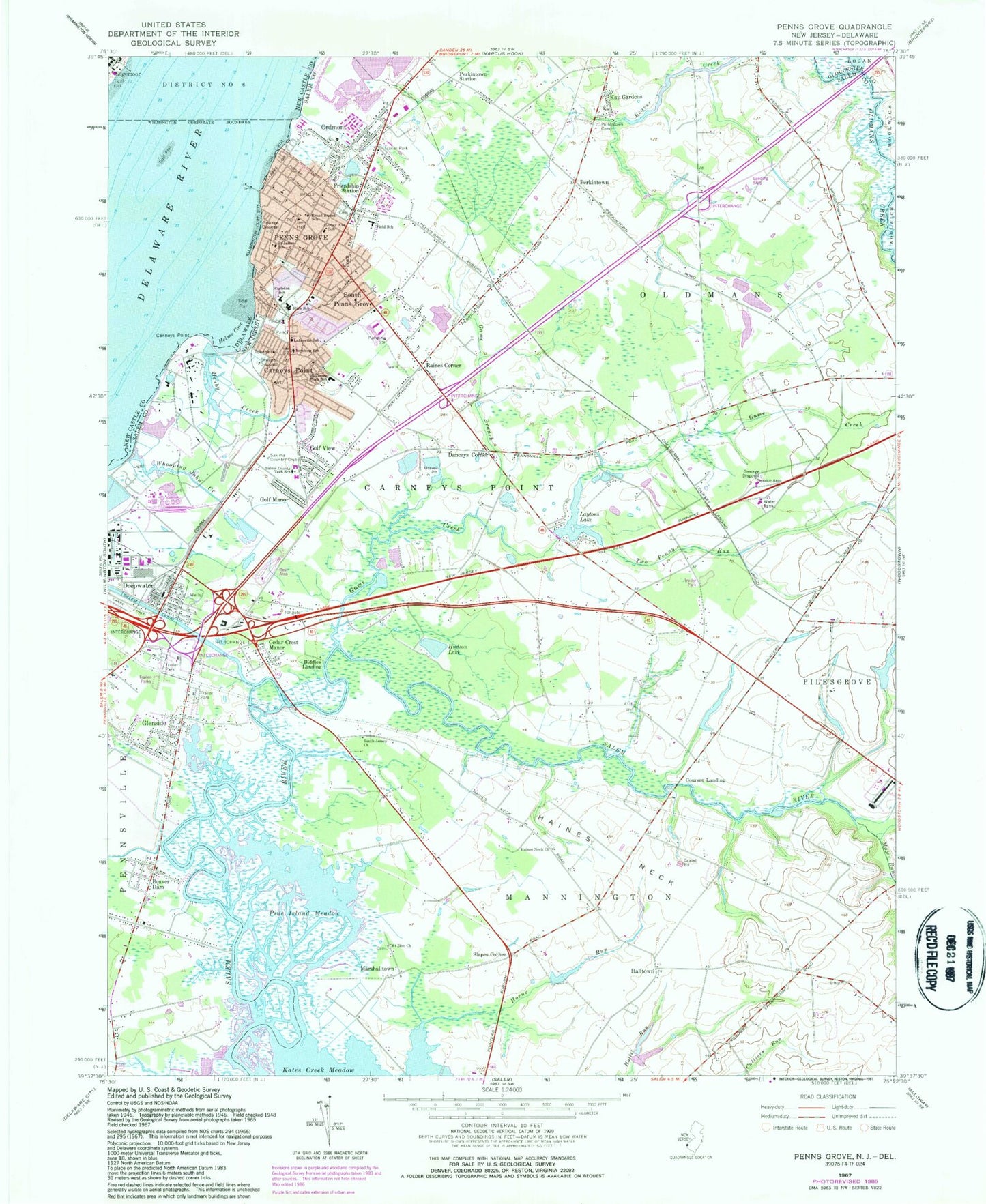 Classic USGS Penns Grove New Jersey 7.5'x7.5' Topo Map Image
