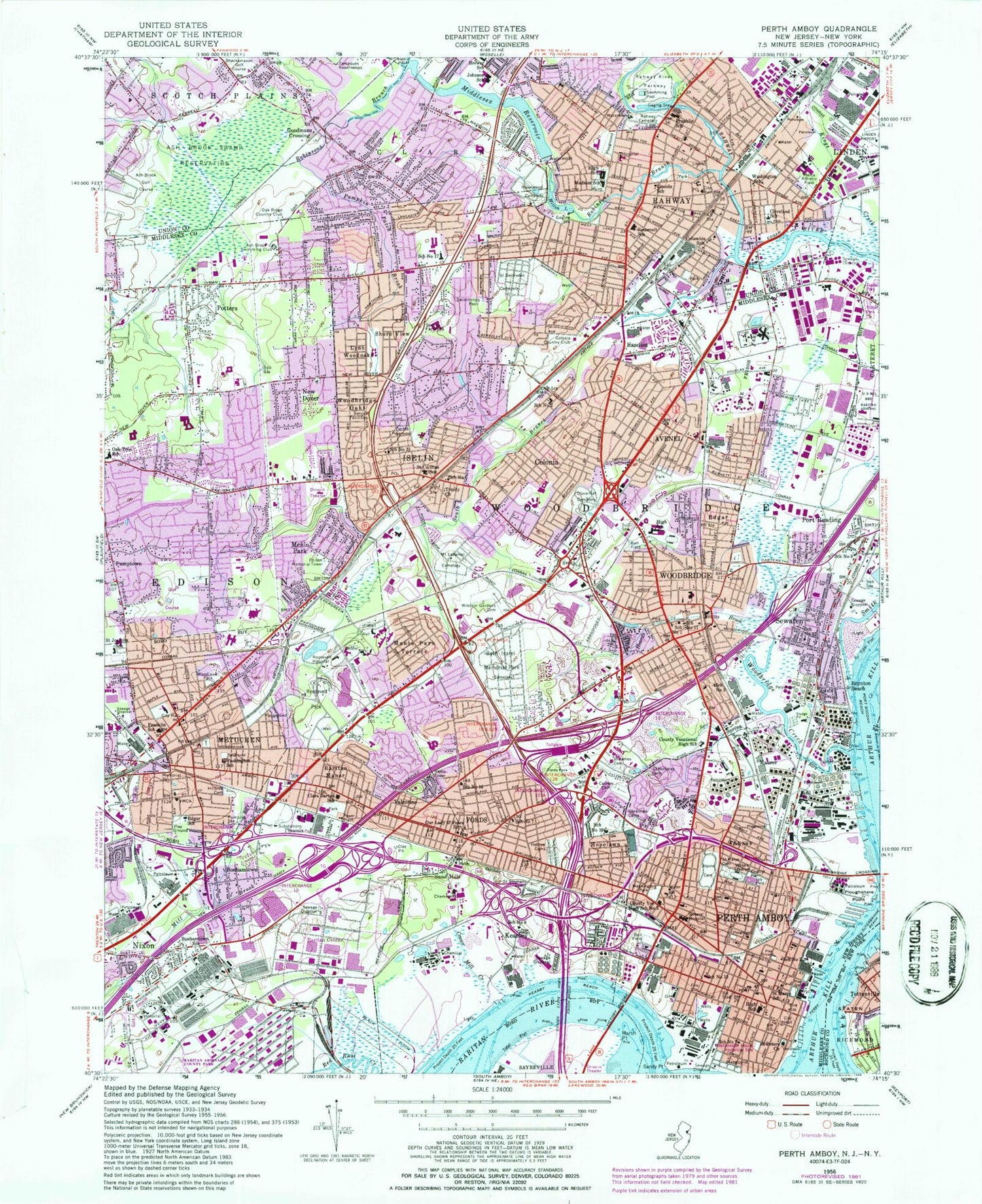 Classic USGS Perth Amboy New Jersey 7.5'x7.5' Topo Map Image
