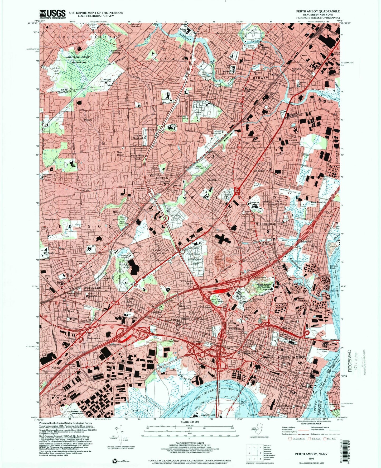 Classic USGS Perth Amboy New Jersey 7.5'x7.5' Topo Map Image