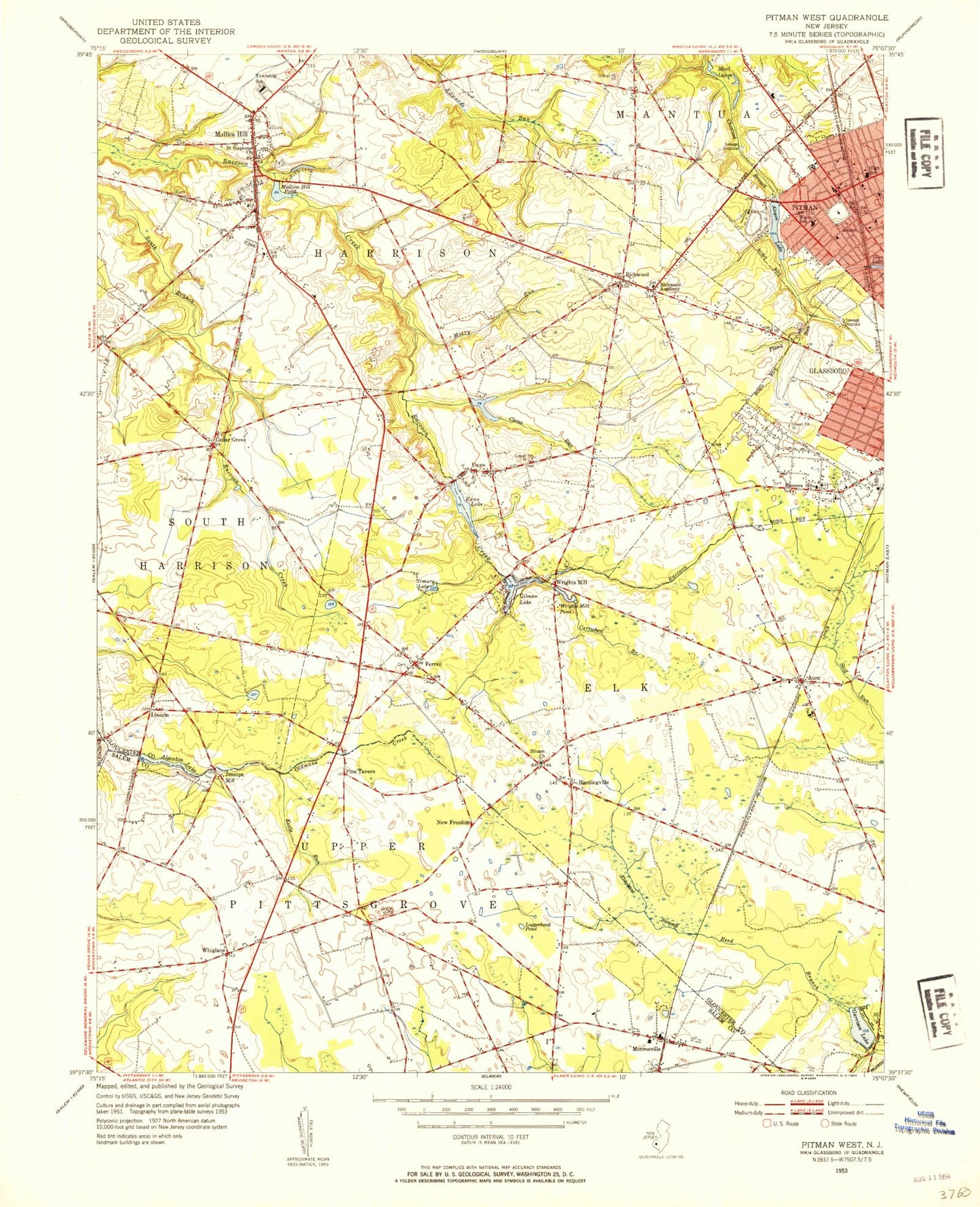 Classic USGS Pitman West New Jersey 7.5'x7.5' Topo Map Image