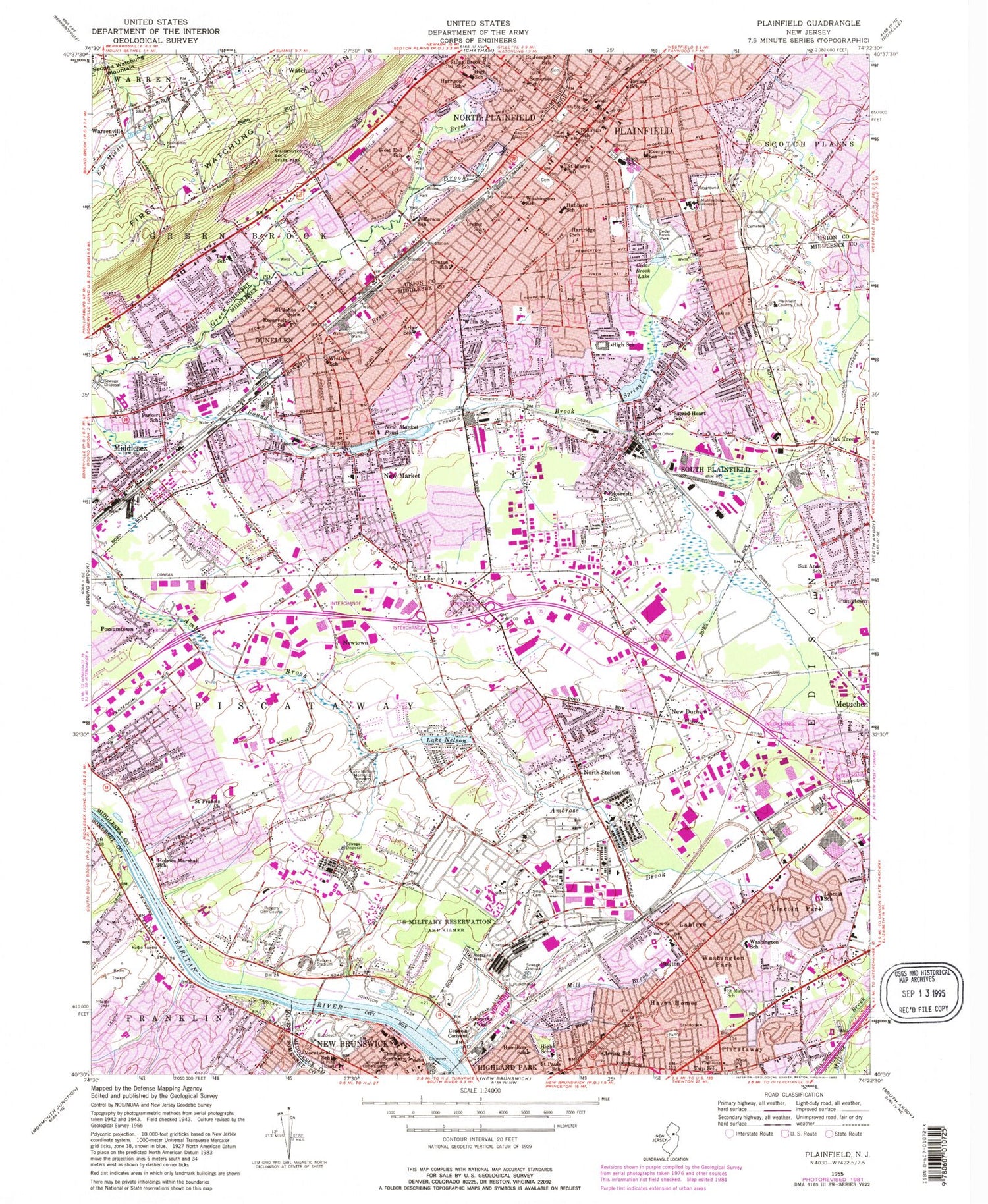 Classic USGS Plainfield New Jersey 7.5'x7.5' Topo Map Image
