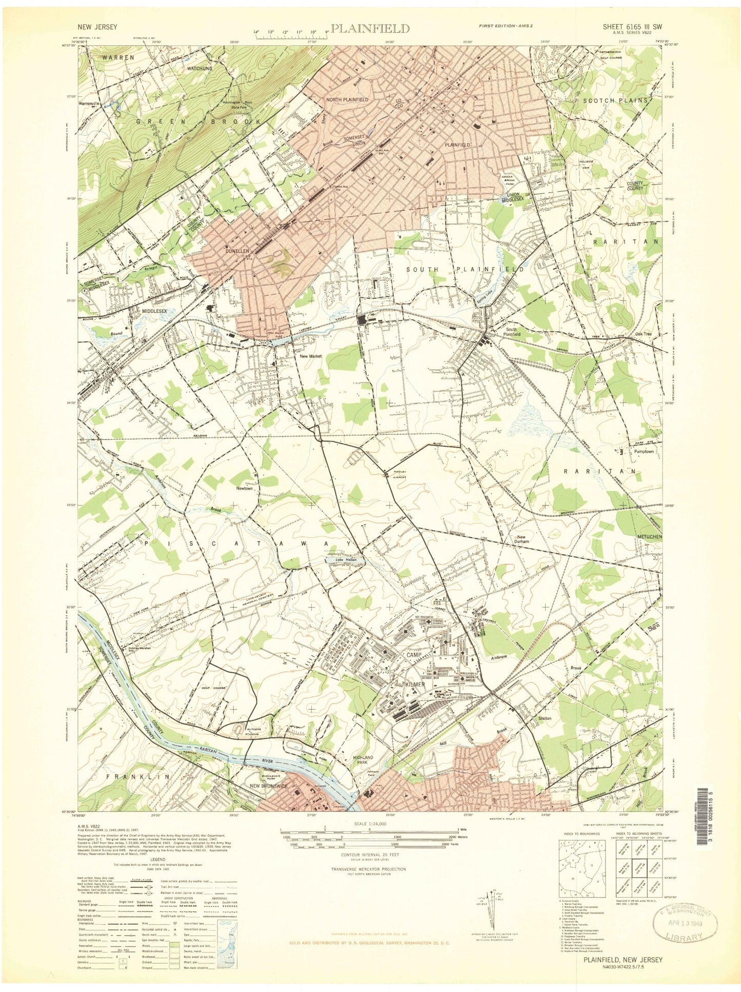 Classic USGS Plainfield New Jersey 7.5'x7.5' Topo Map Image