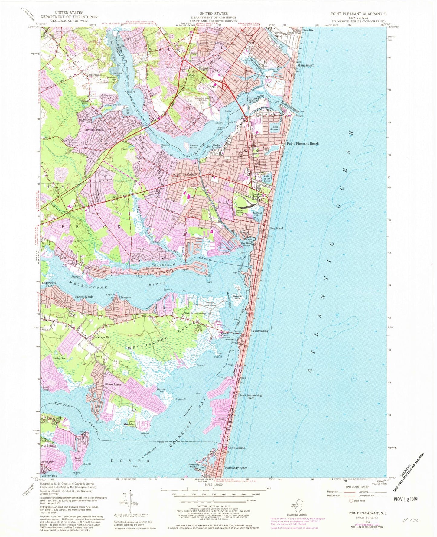 Classic USGS Point Pleasant New Jersey 7.5'x7.5' Topo Map Image