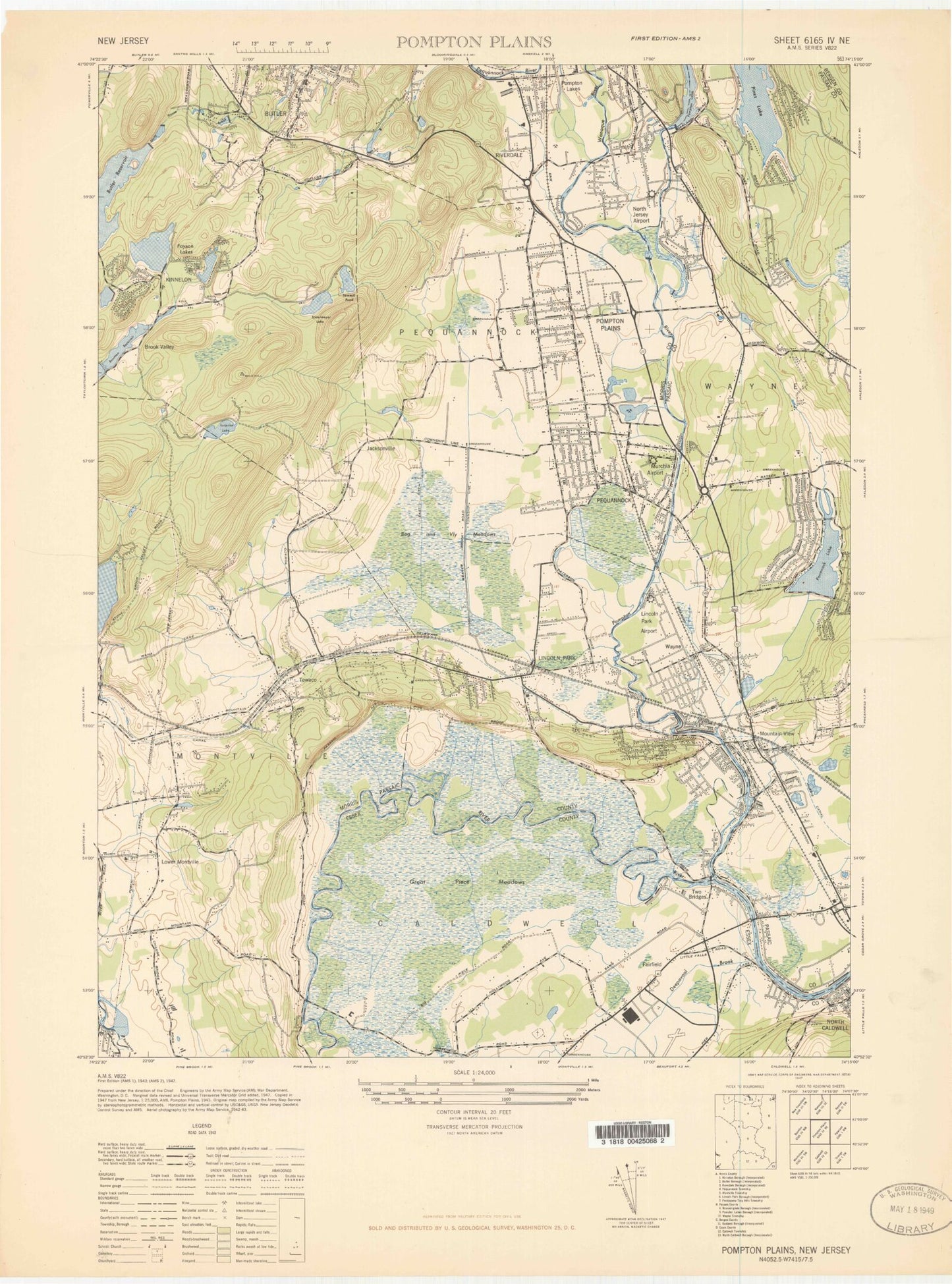 Classic USGS Pompton Plains New Jersey 7.5'x7.5' Topo Map Image