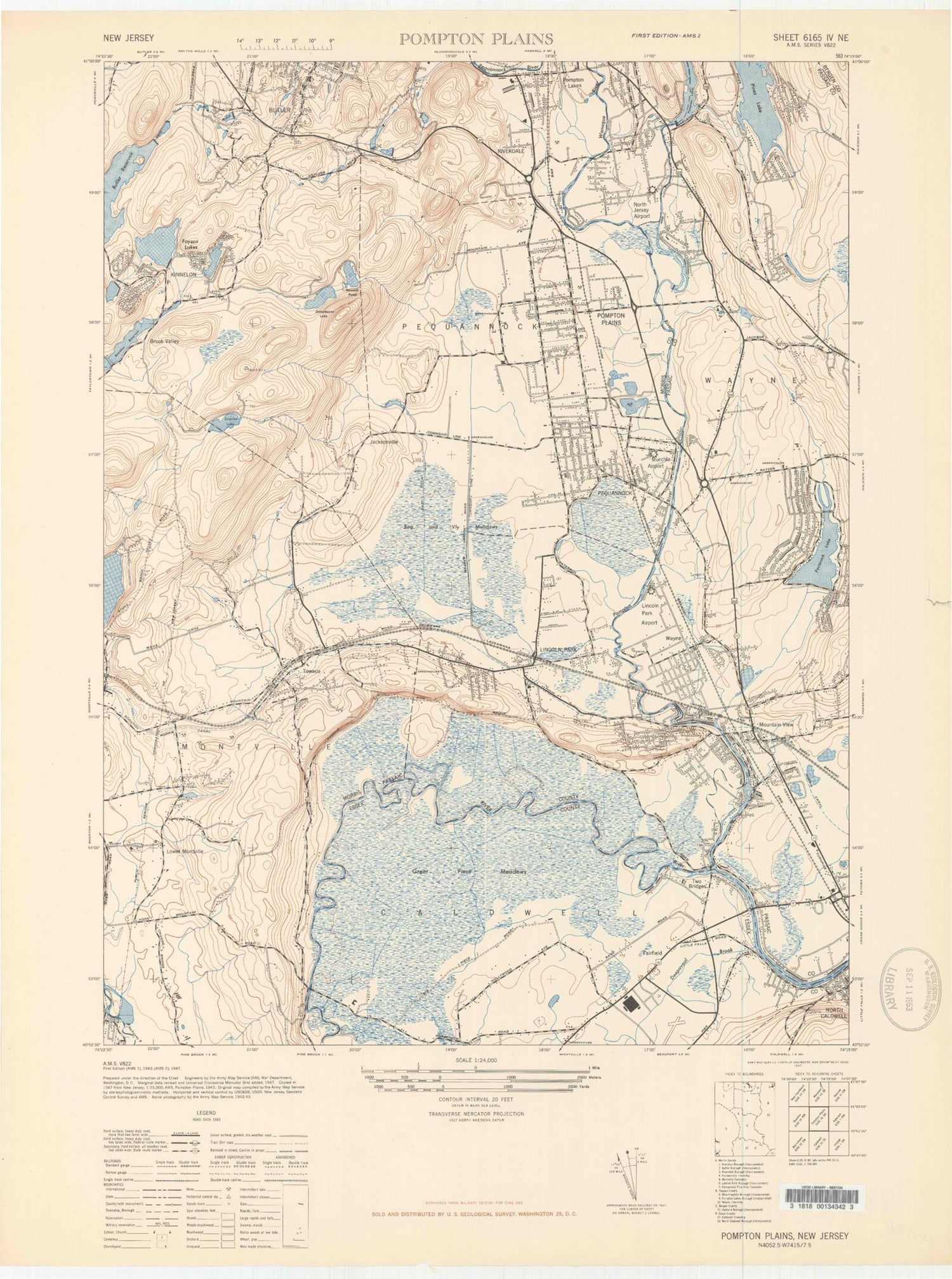 Classic USGS Pompton Plains New Jersey 7.5'x7.5' Topo Map Image