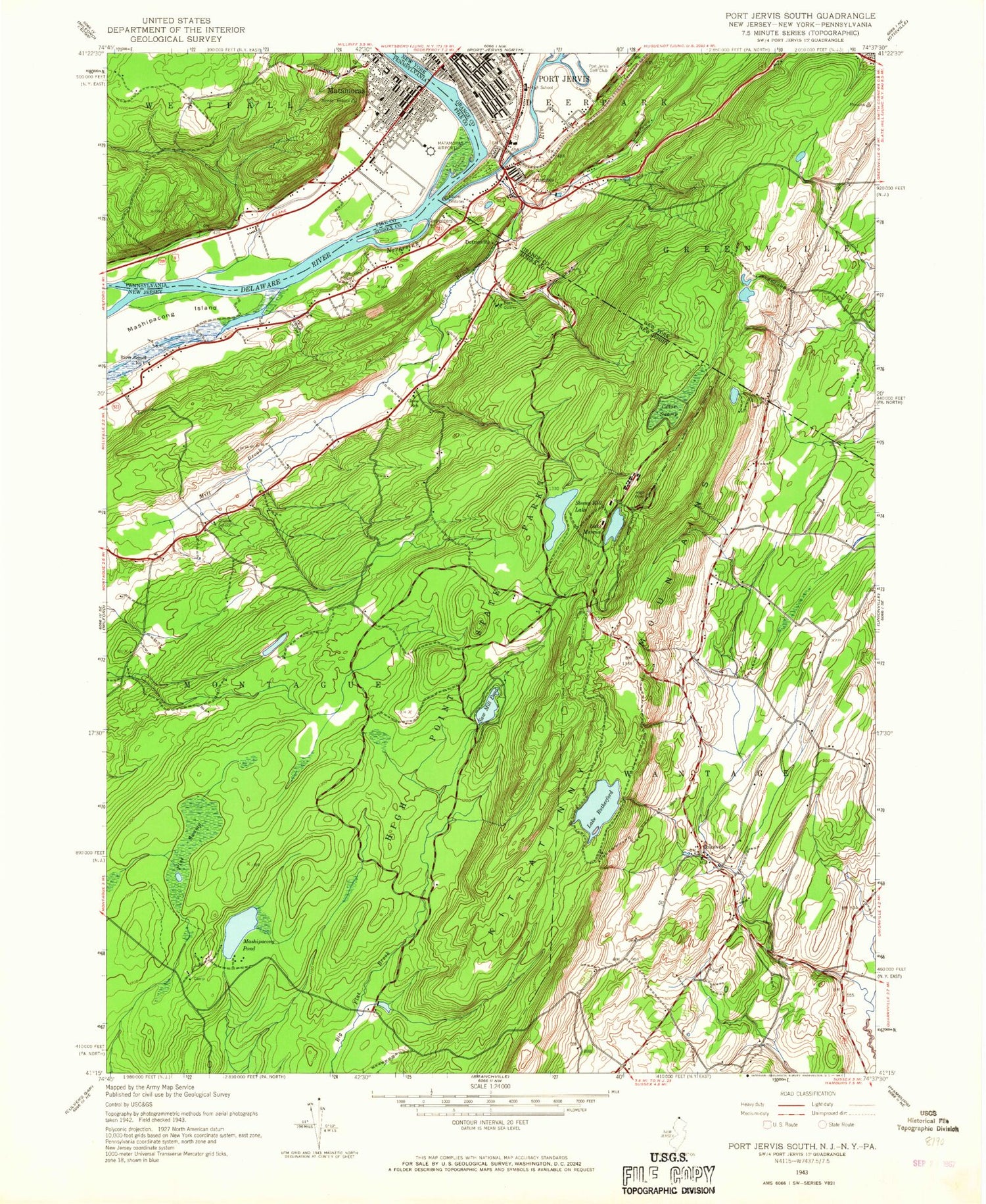 Classic USGS Port Jervis South New York 7.5'x7.5' Topo Map Image