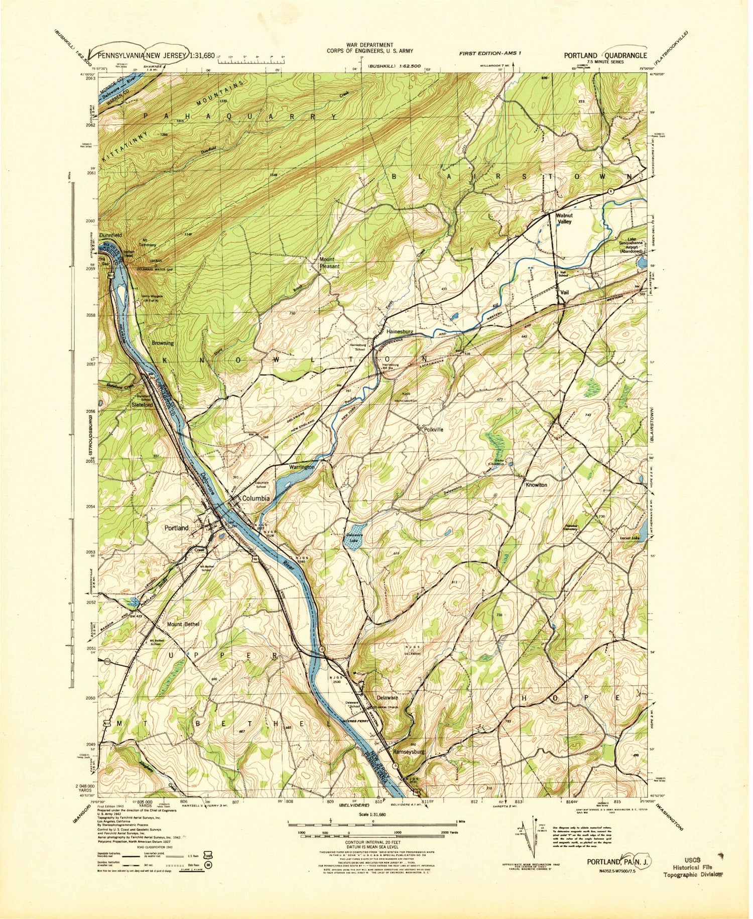 Classic USGS Portland Pennsylvania 7.5'x7.5' Topo Map Image