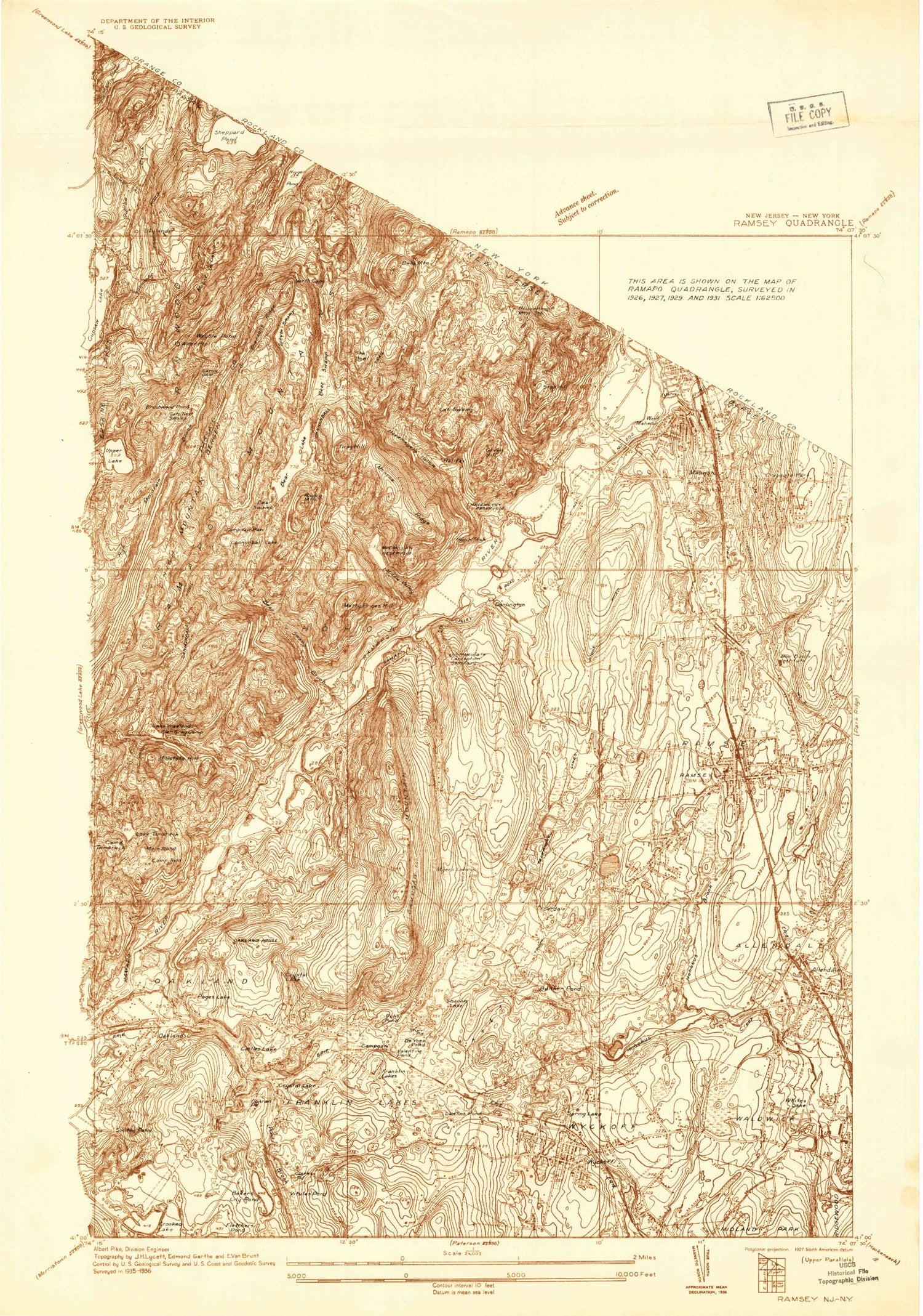 Classic USGS Ramsey New Jersey 7.5'x7.5' Topo Map Image