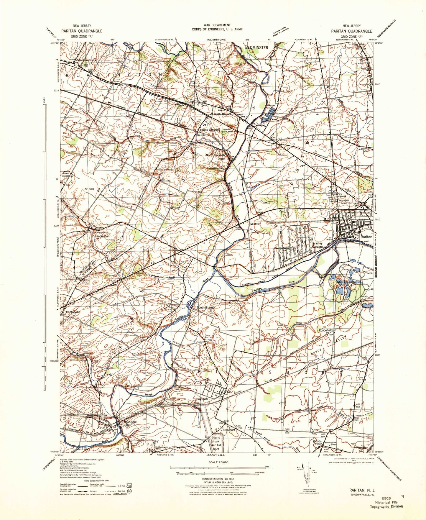 Classic USGS Raritan New Jersey 7.5'x7.5' Topo Map Image