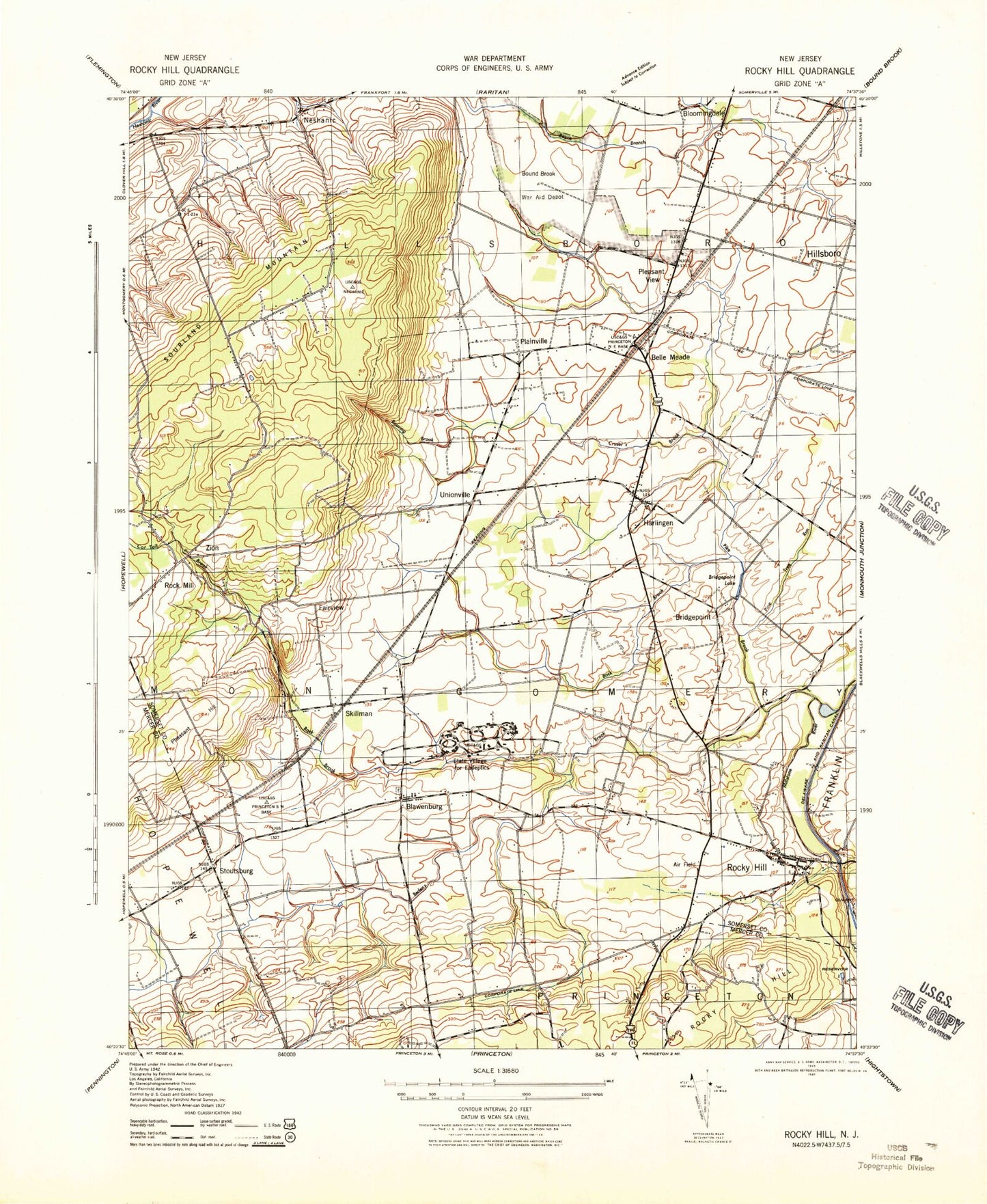 Classic USGS Rocky Hill New Jersey 7.5'x7.5' Topo Map Image