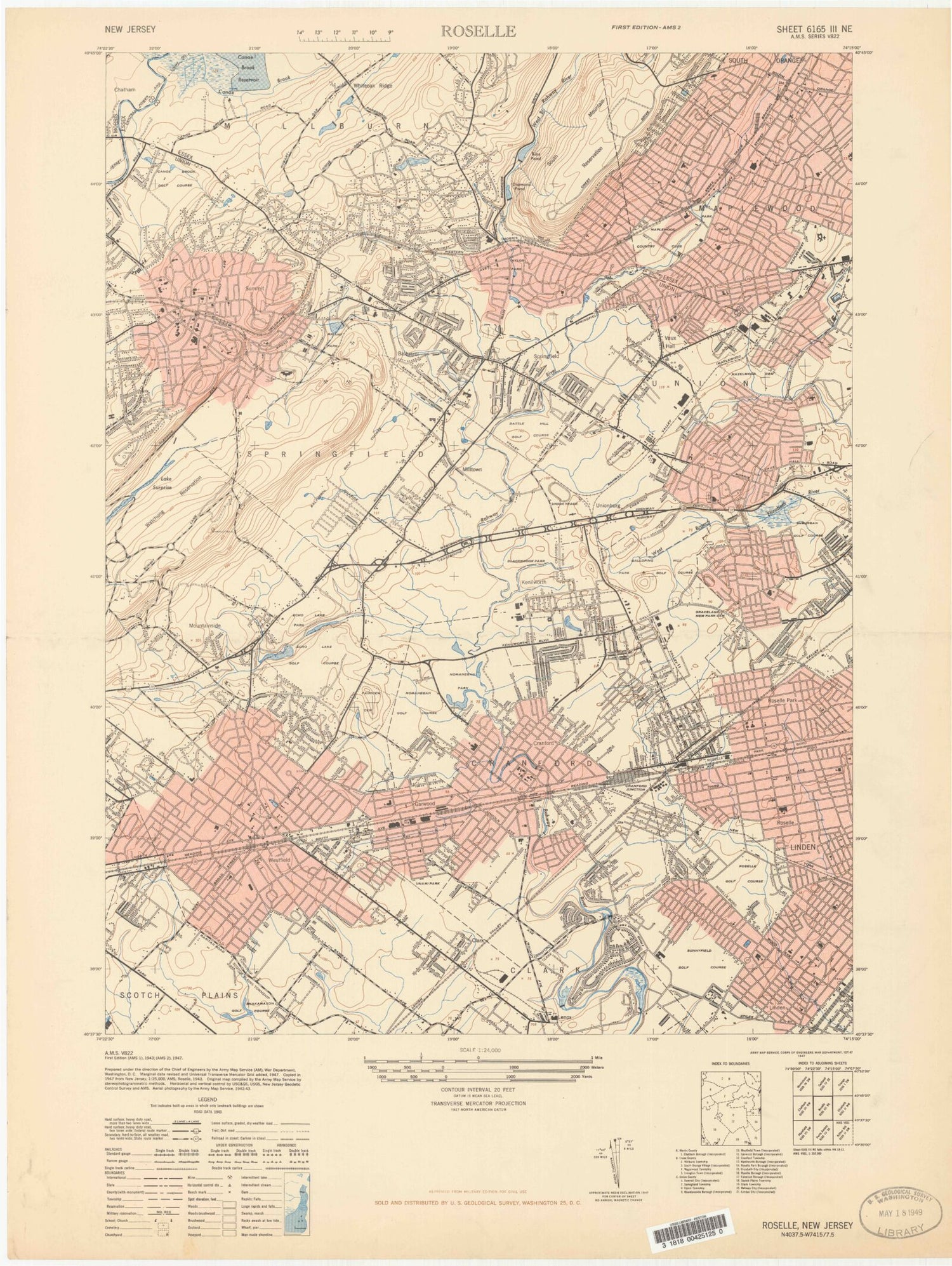 Classic USGS Roselle New Jersey 7.5'x7.5' Topo Map Image