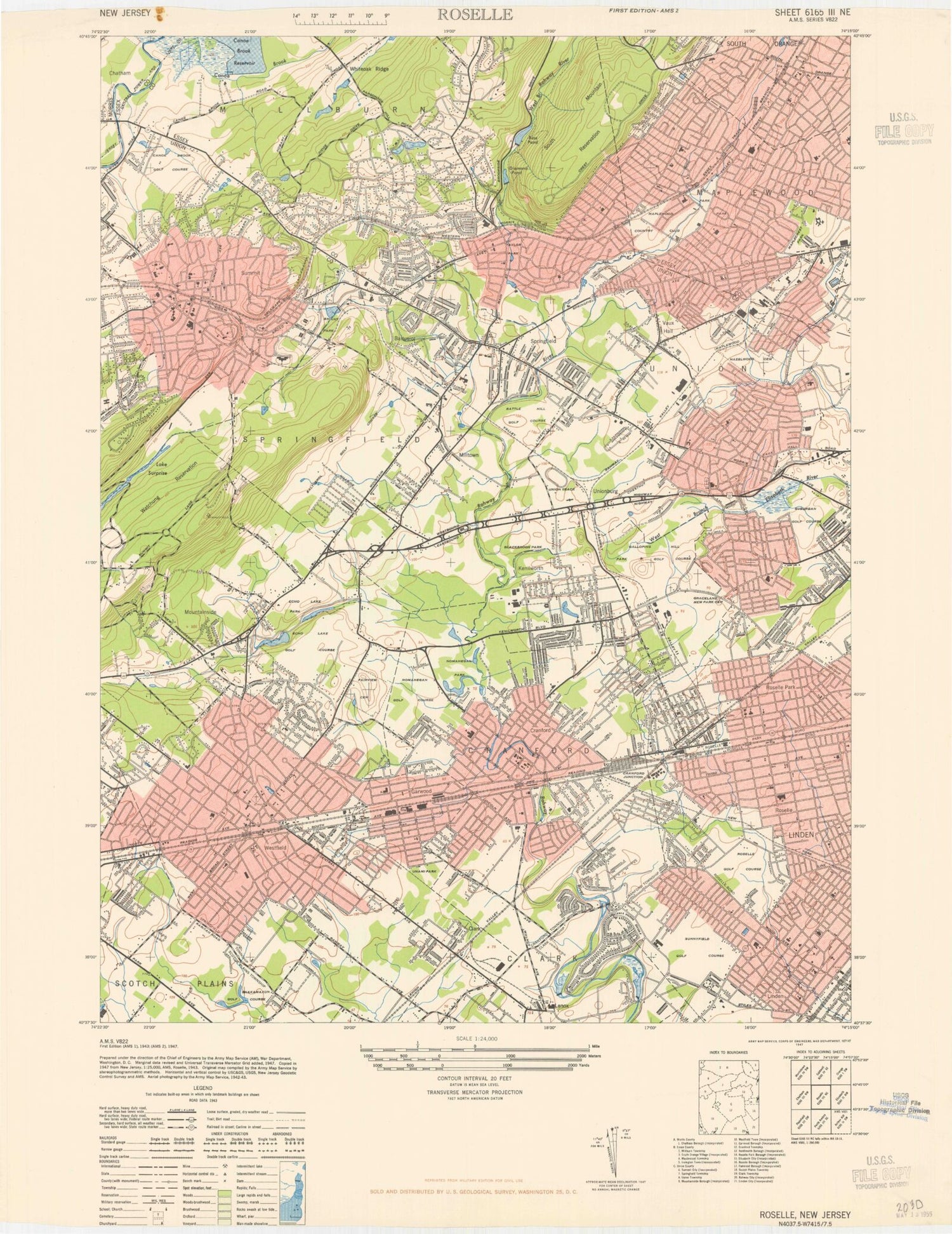Classic USGS Roselle New Jersey 7.5'x7.5' Topo Map Image