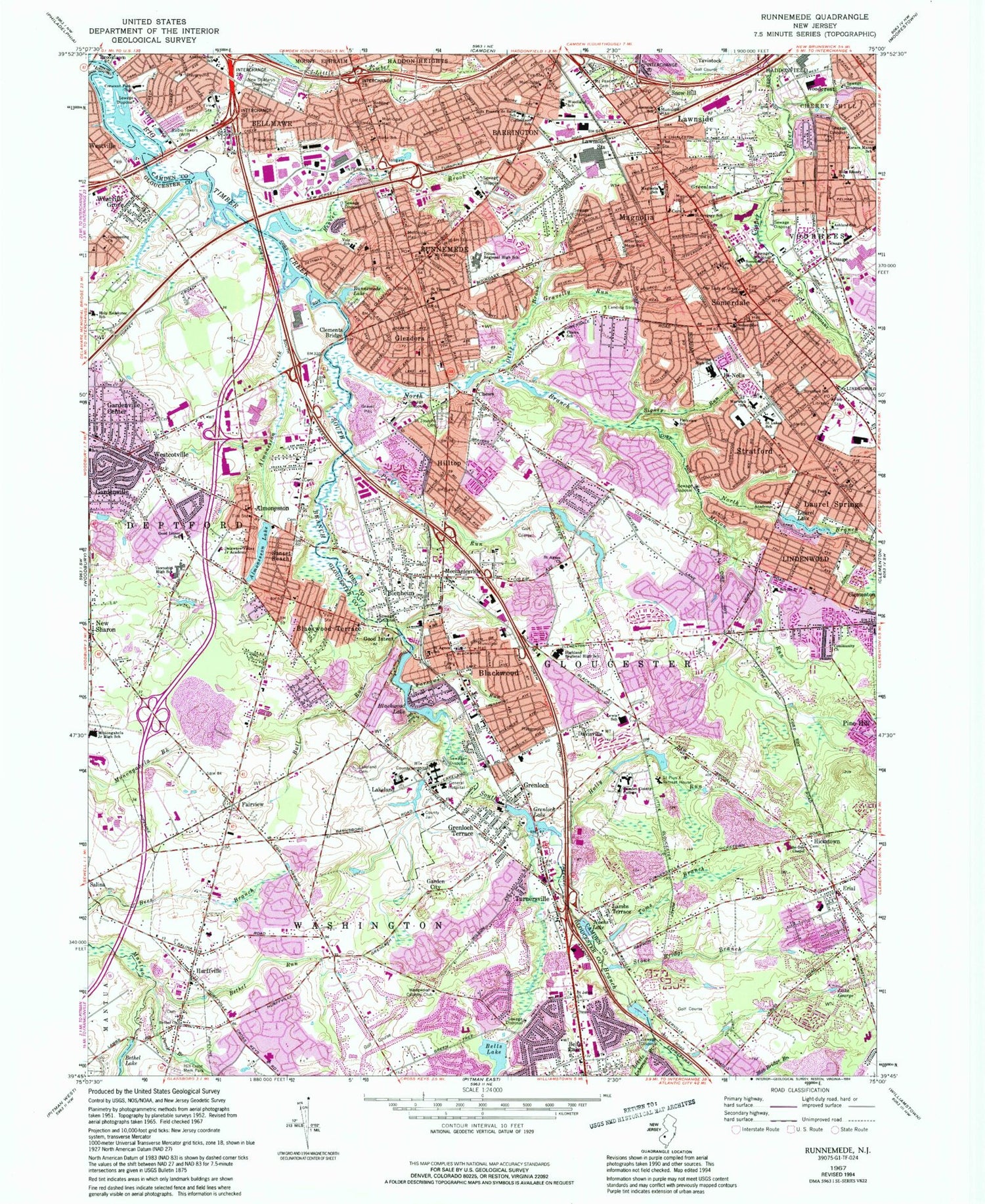 Classic USGS Runnemede New Jersey 7.5'x7.5' Topo Map Image